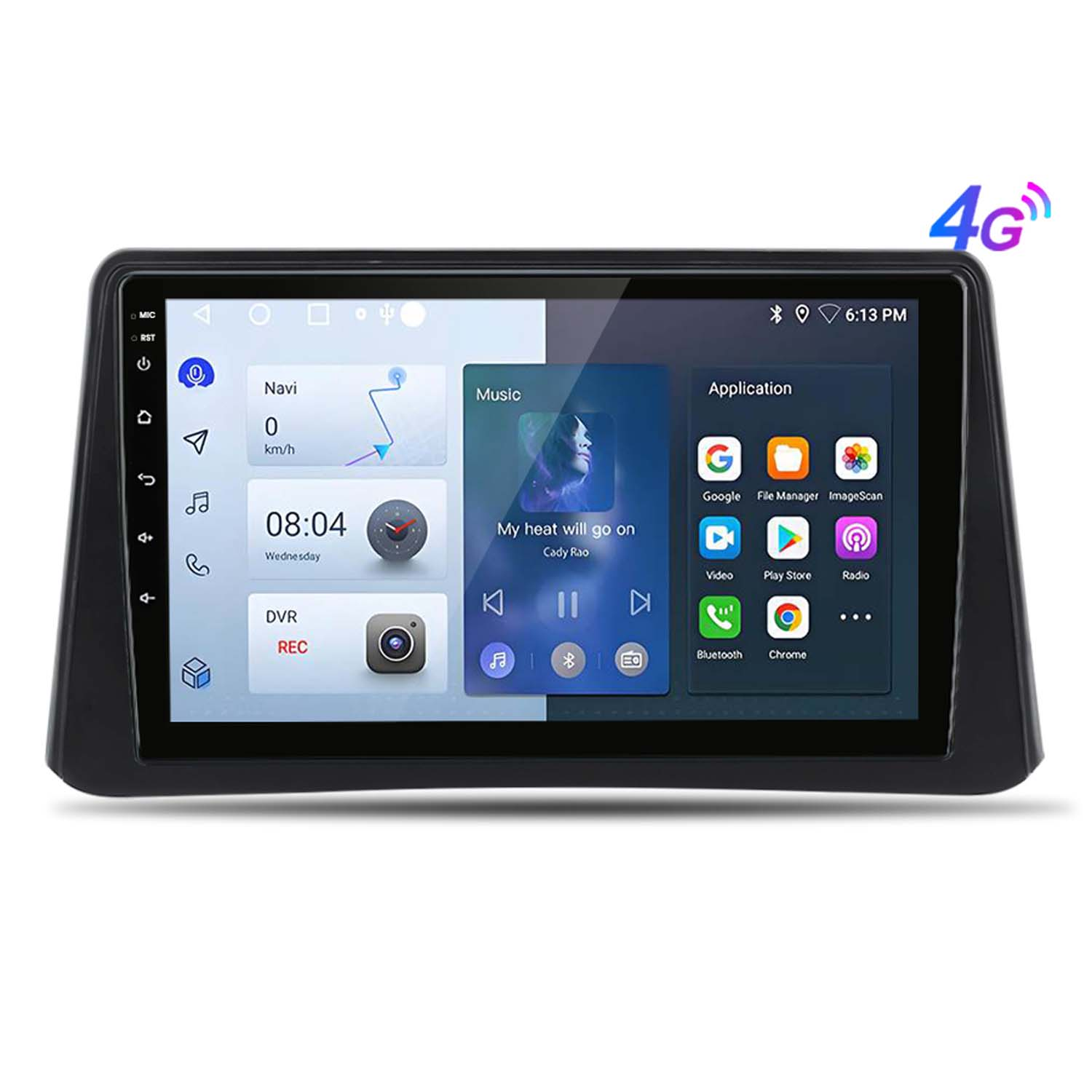 Ein Auto-Multimedia-System mit einem Bildschirm, der verschiedene Apps und Informationen anzeigt.