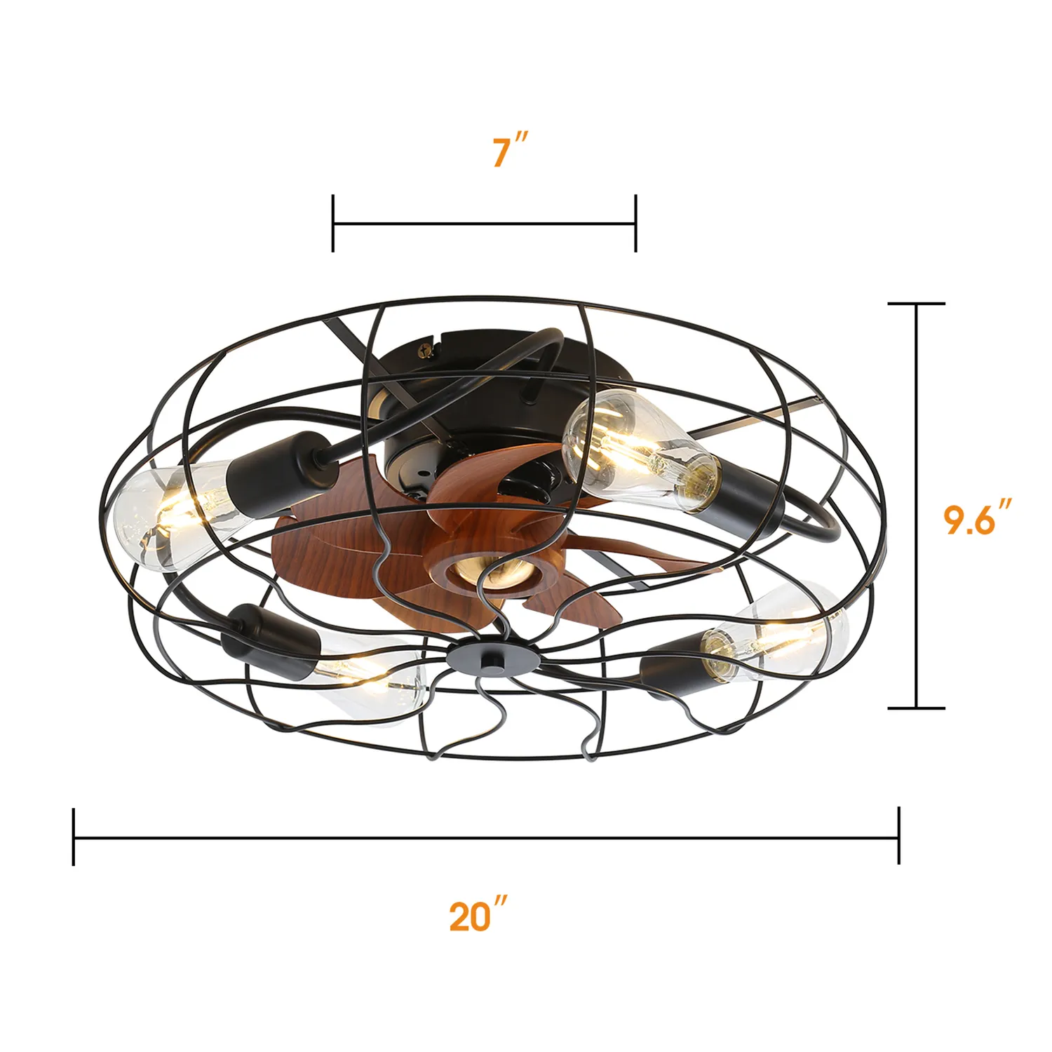 Deckenventilator mit Maßangaben: 7", 9.6" und 20". Inklusive Glühbirnen.