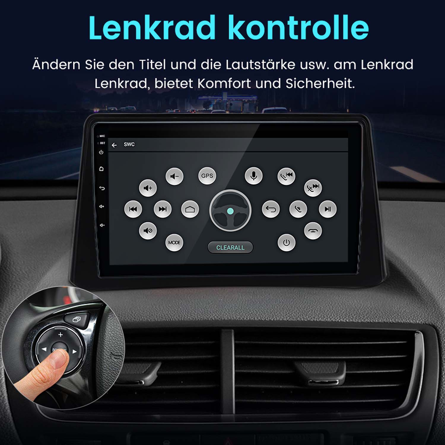 Auto-Infotainment-Bildschirm mit Tasten, Lenkradsteuerung und Text.