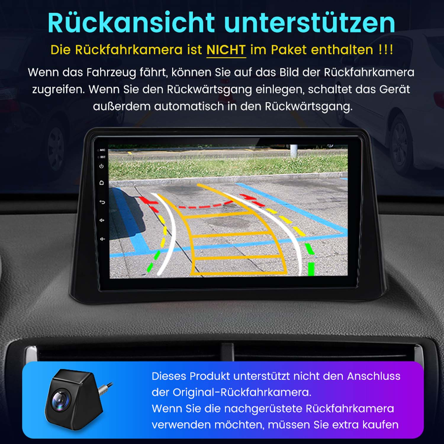 Auto-Armaturenbrettanzeige mit Parkansicht. Rückfahrkamera nicht enthalten. Zusätzlicher Text auf Deutsch.
