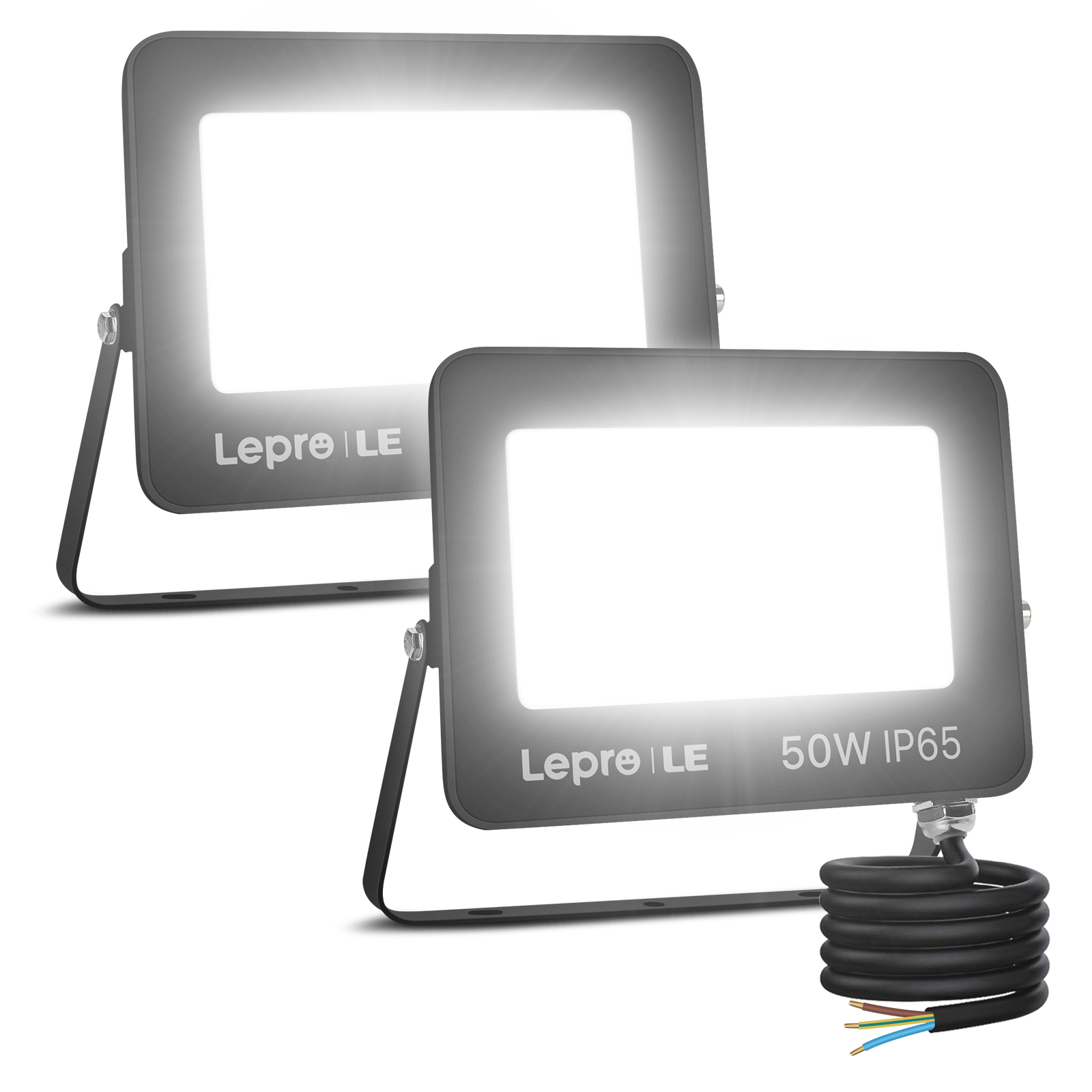 Zwei schwarze Flutlichter. Text: Lepro LE 50W IP65.