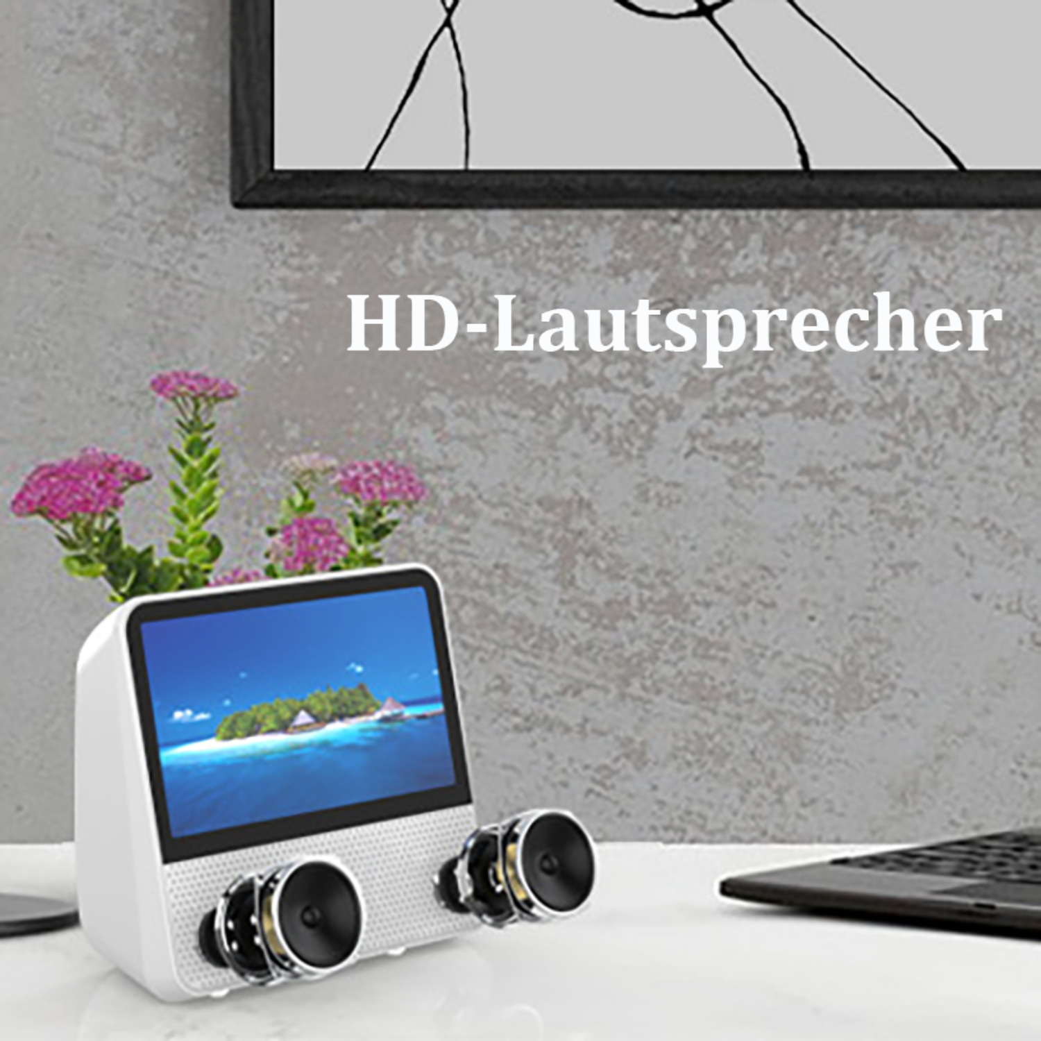 Weißer Lautsprecher mit Bildschirm. HD-Lautsprecher-Text steht über dem Lautsprecher. Schwarz gerahmte Kunst im Hintergrund.