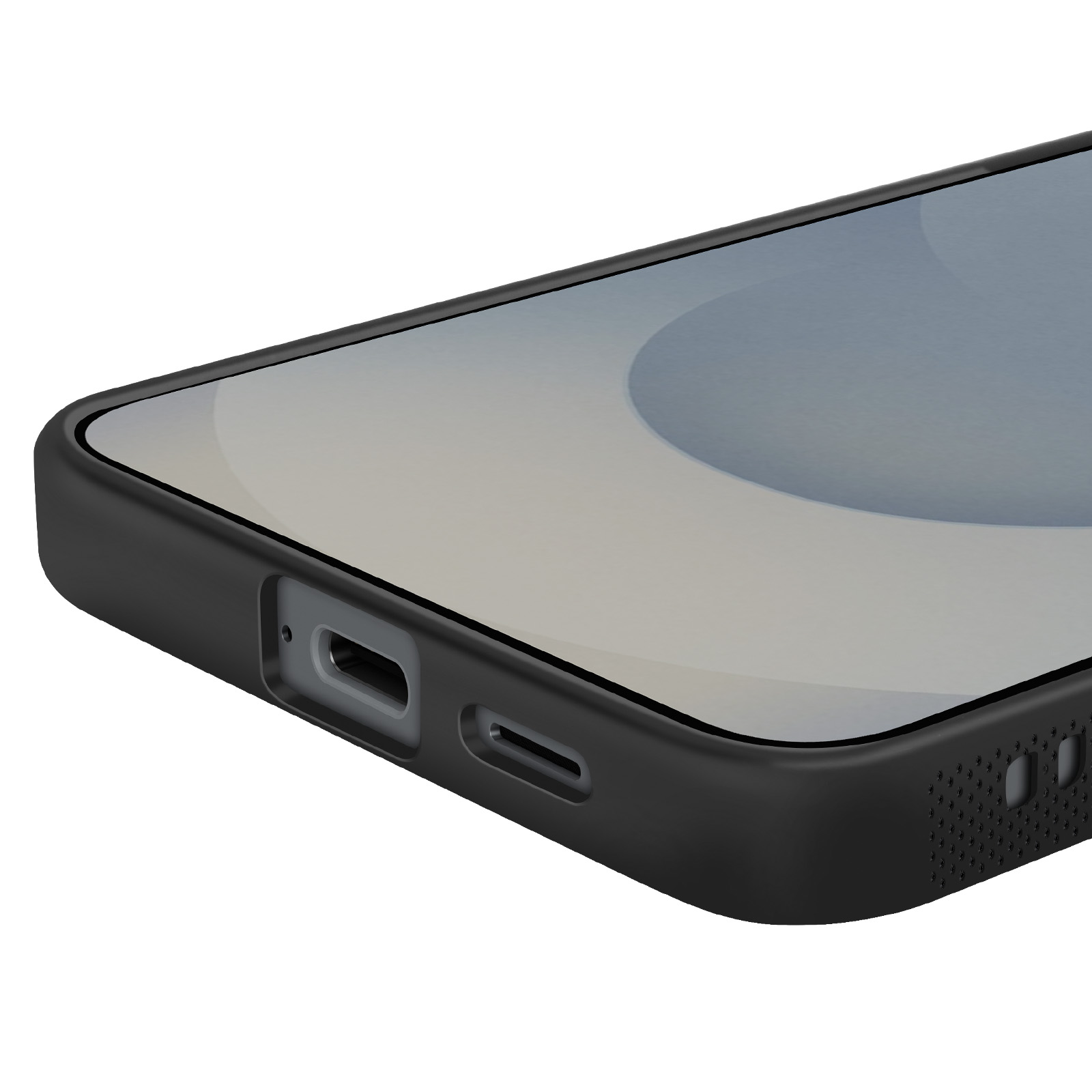Schwarzes Telefon mit weißem Bildschirm, grauer Hintergrund. Dunkles Gehäuse.