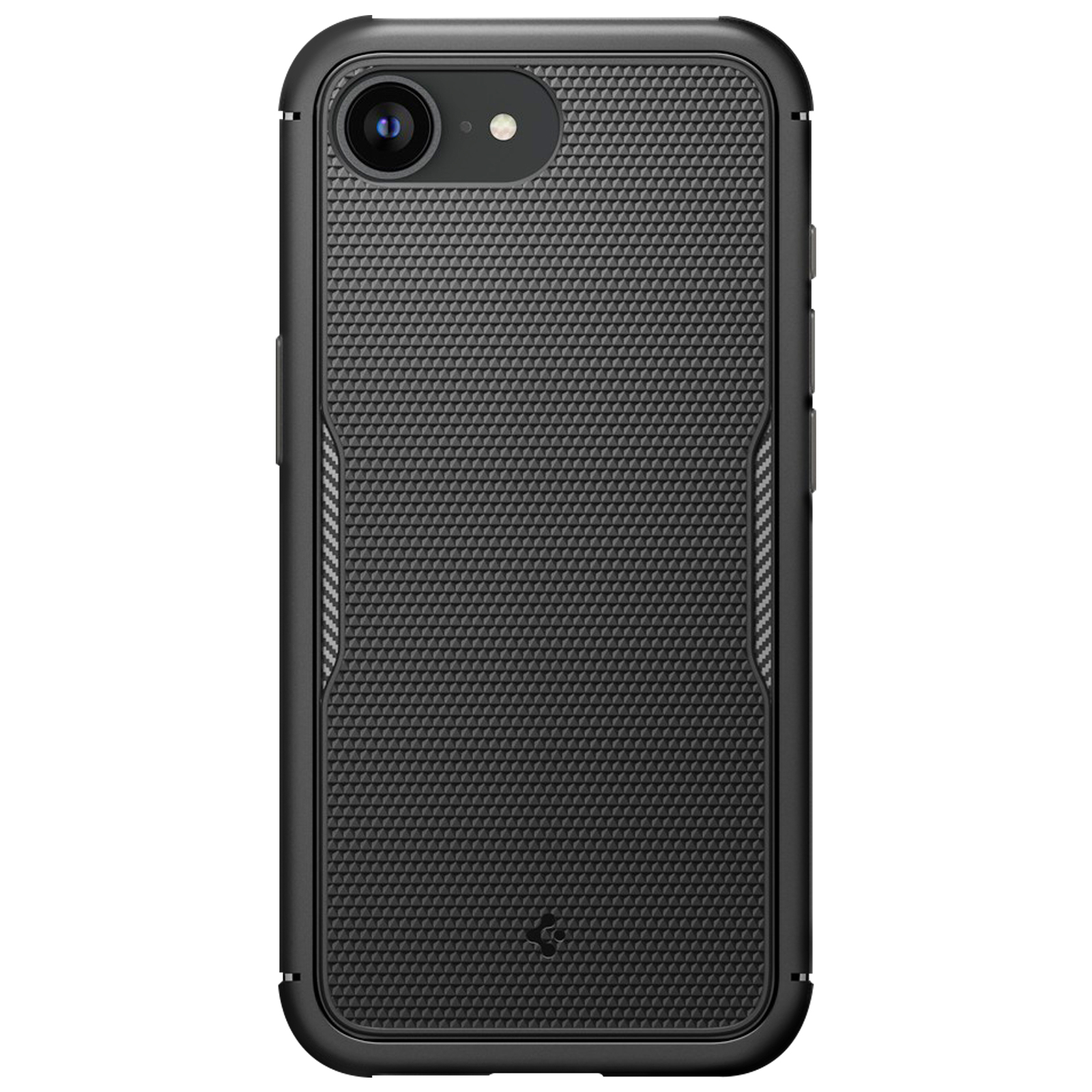 Coque de téléphone noire avec dos texturé, caméra et boutons.