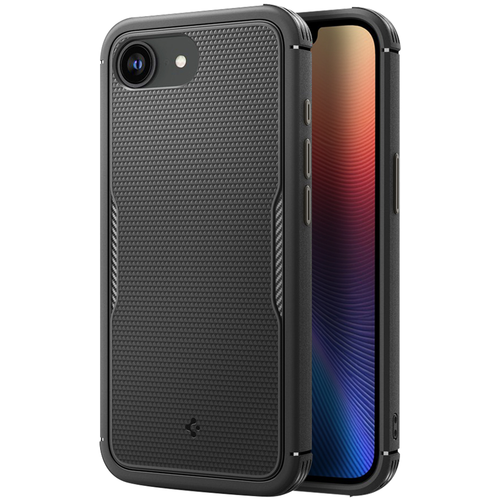 Un téléphone noir dans un étui de protection, montrant une surface texturée à l'arrière.