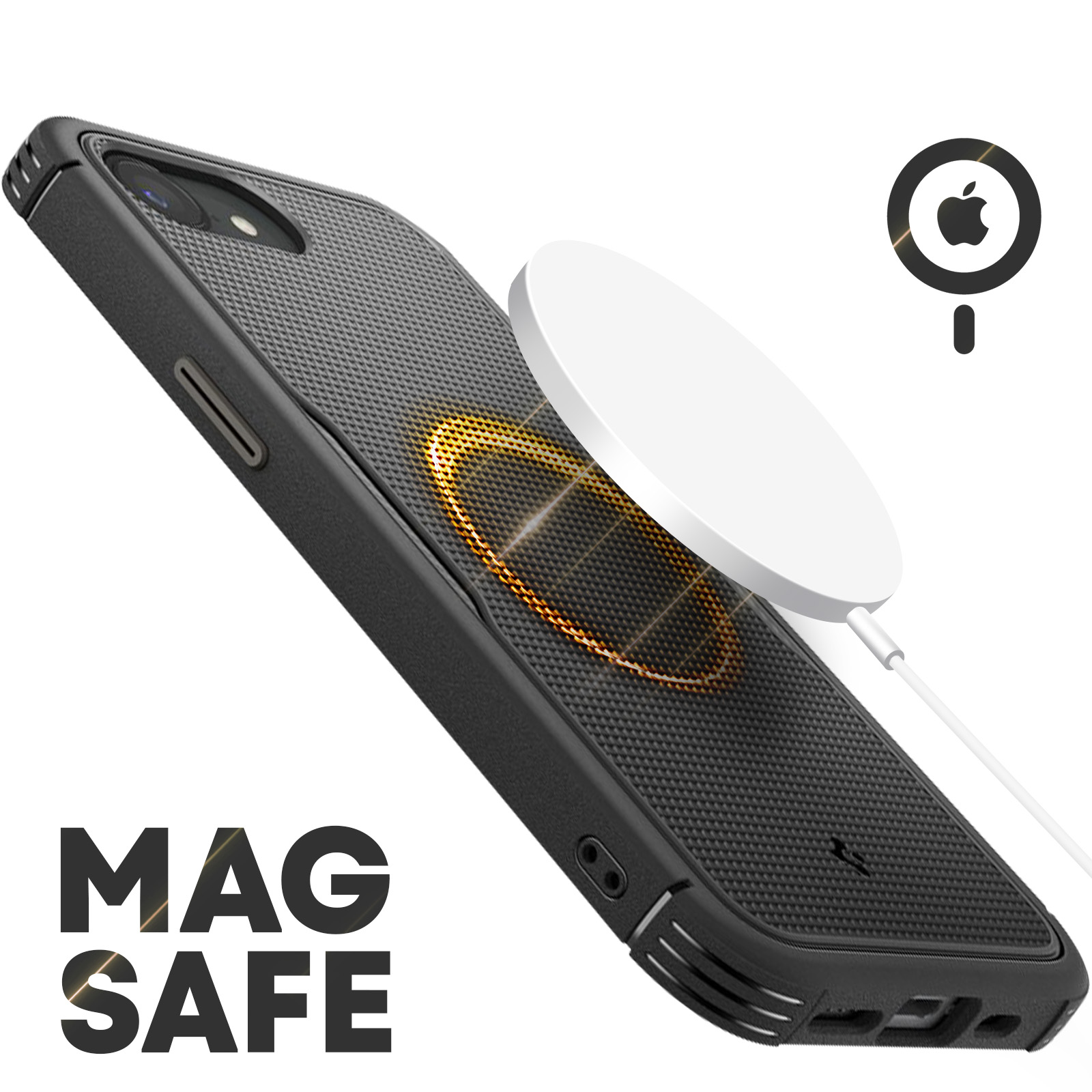 Un téléphone dans un étui noir avec un chargeur MagSafe. Un cercle blanc au dos avec le logo Apple.