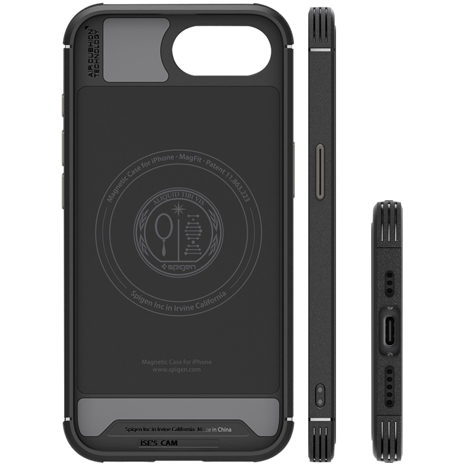 Coque de téléphone noire avec une section grise. La coque est pour un iPhone. Inclut un logo.