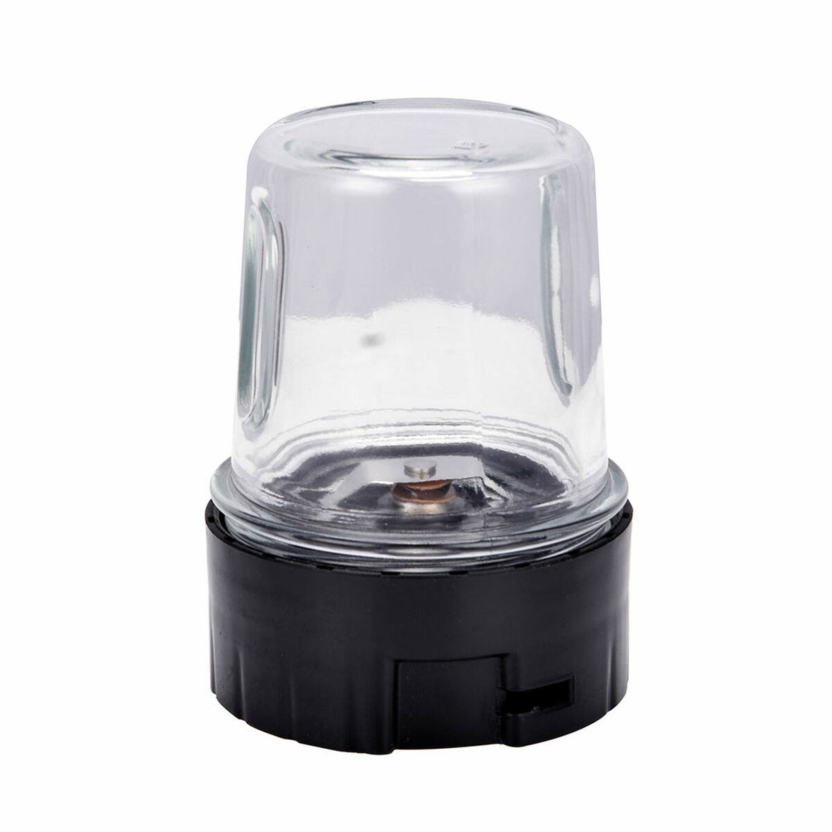 Un pequeño molinillo de cristal con base negra. El molinillo es transparente y está vacío.