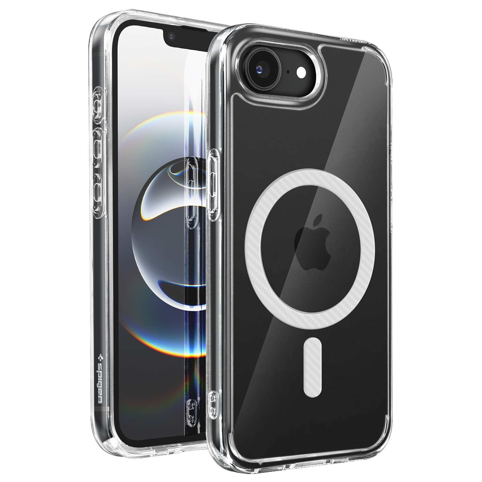 Coque transparente sur iPhone, avec cercle MagSafe. Logo Apple visible.