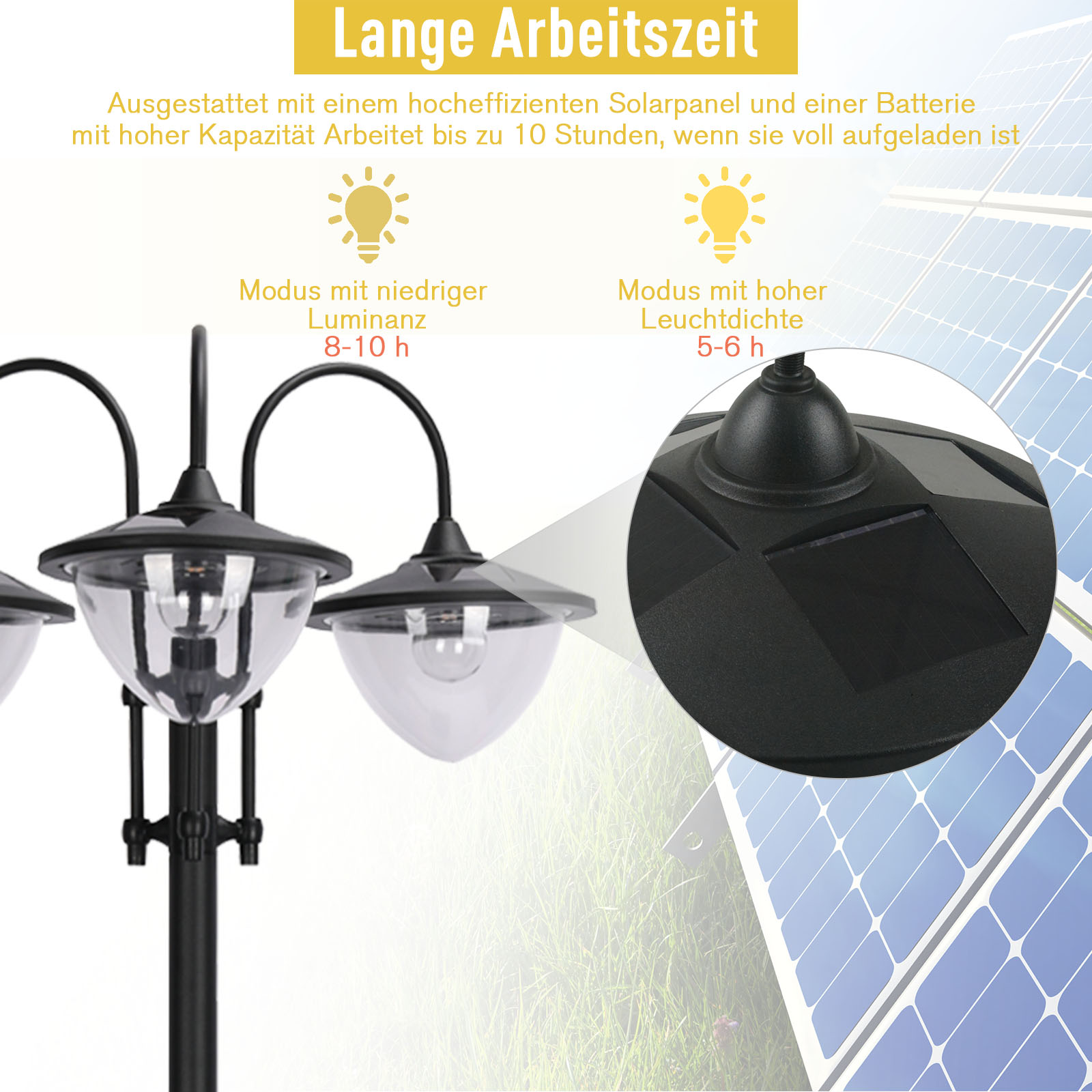 Straßenlaternen mit Solarmodulen. Text: Lange Arbeitszeit. Verschiedene Lichtmodi.