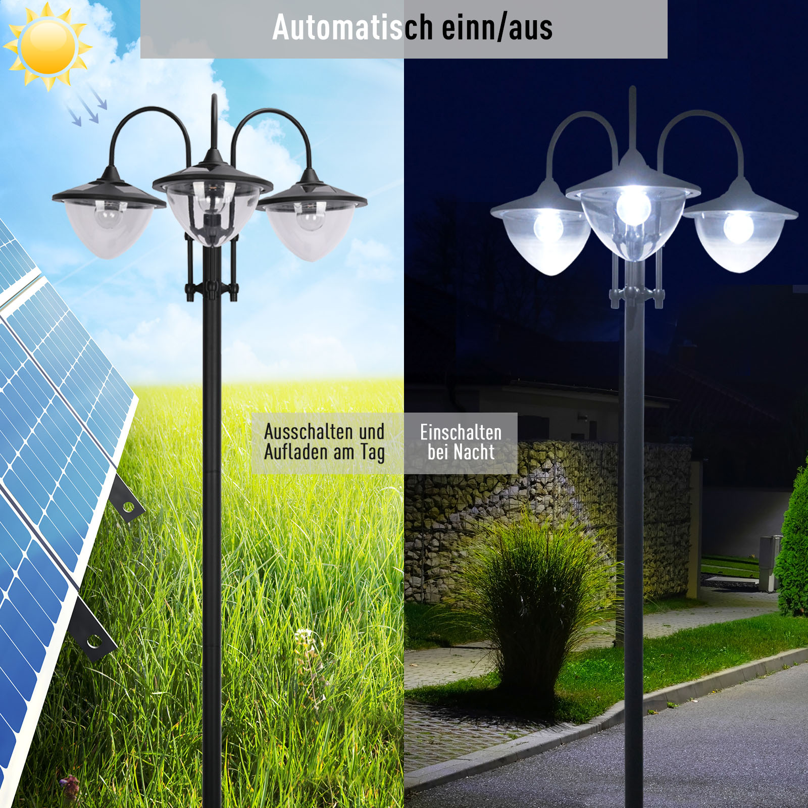 Solarbetriebene Außenlampe, zeigt Aufladen am Tag und Beleuchtung bei Nacht.