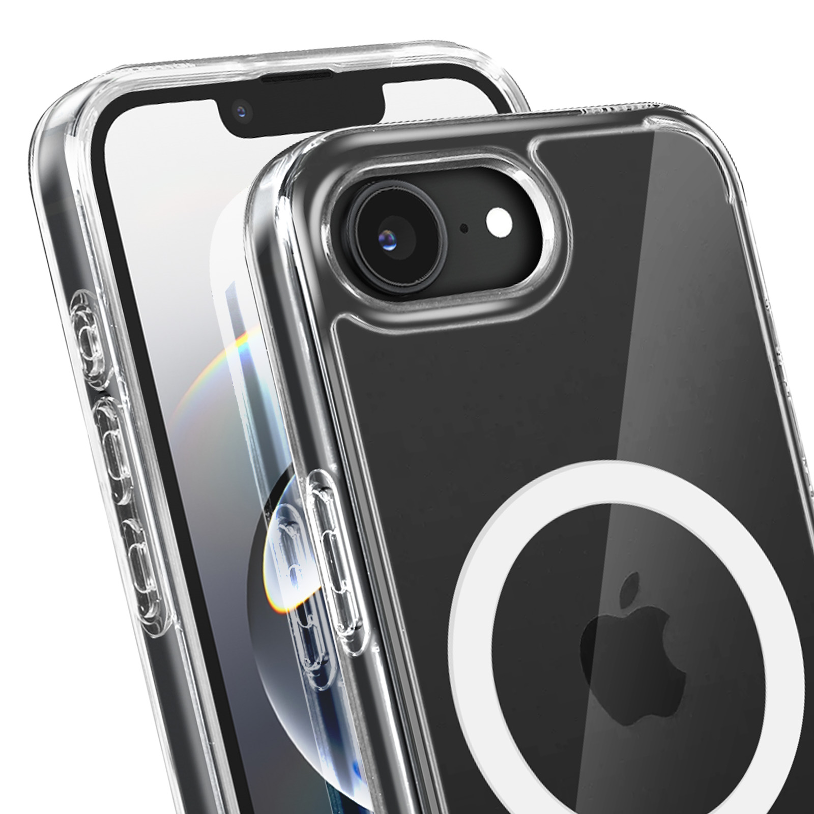 Coque transparente pour iPhone avec téléphone, montrant la caméra arrière.