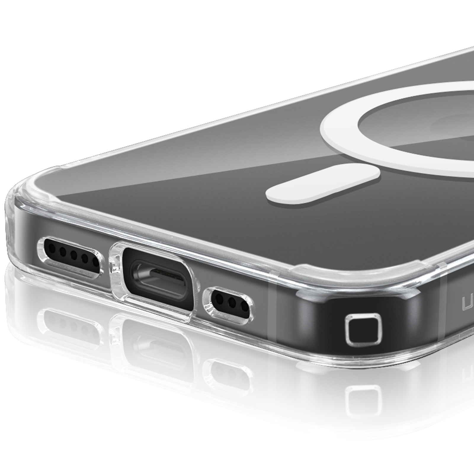 Une coque de téléphone transparente avec un anneau MagSafe blanc et le téléphone visible à l'intérieur.