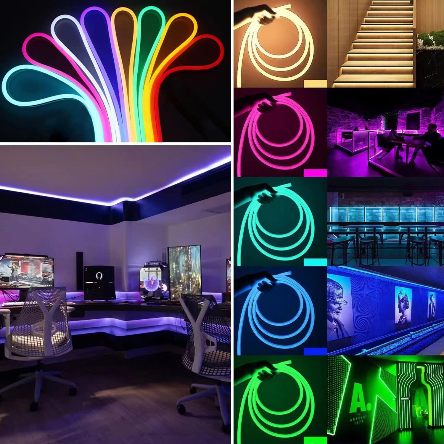 Collage von LED-Streifenbeleuchtung in verschiedenen Farben und Umgebungen, einschließlich Treppe und Spielzimmer.