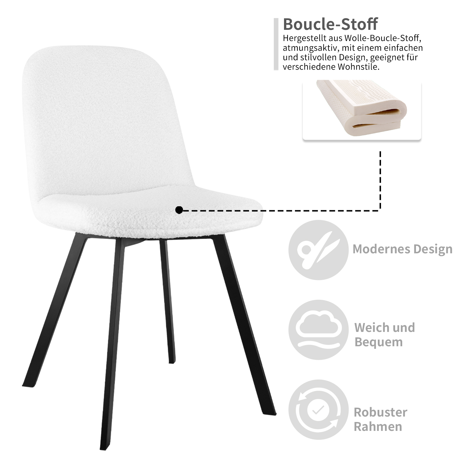 Weißer Stuhl mit schwarzen Beinen, mit Text über modernes Design, weich und bequem, und robustem Rahmen.