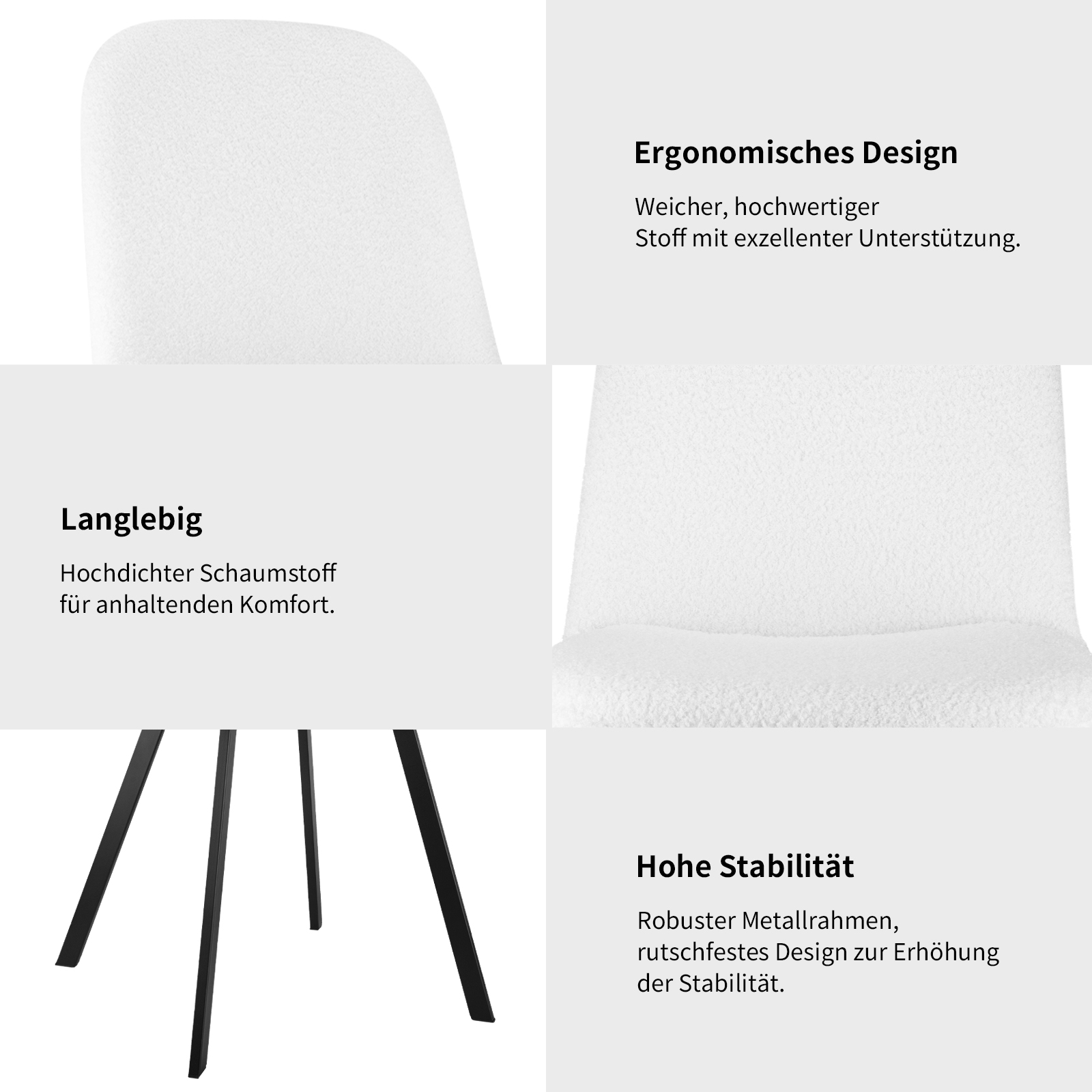Ein Stuhl, der seine Eigenschaften zeigt. Er hat weißen Stoff und schwarze Beine. Texte beschreiben Design, Komfort und Stabilität.