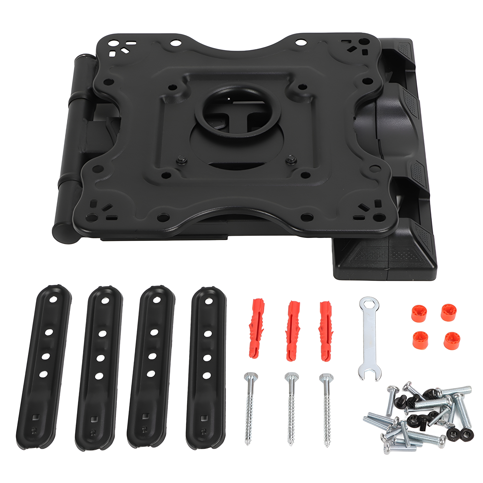 Ein schwarzes TV-Wandhalterungs-Kit. Es enthält Halterungen, Schrauben und einen Schraubenschlüssel.