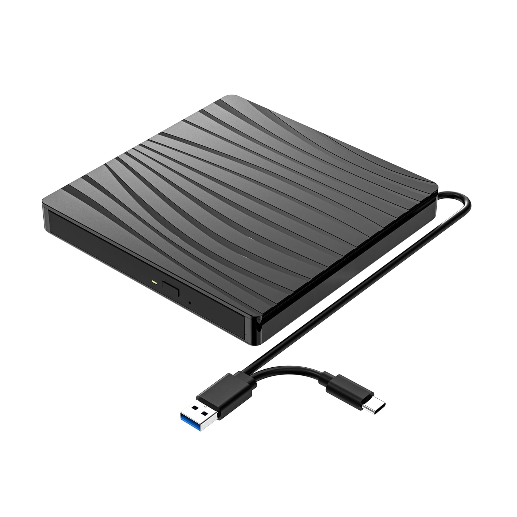 Eine schwarze, quadratische externe Festplatte mit einem USB-Kabel.