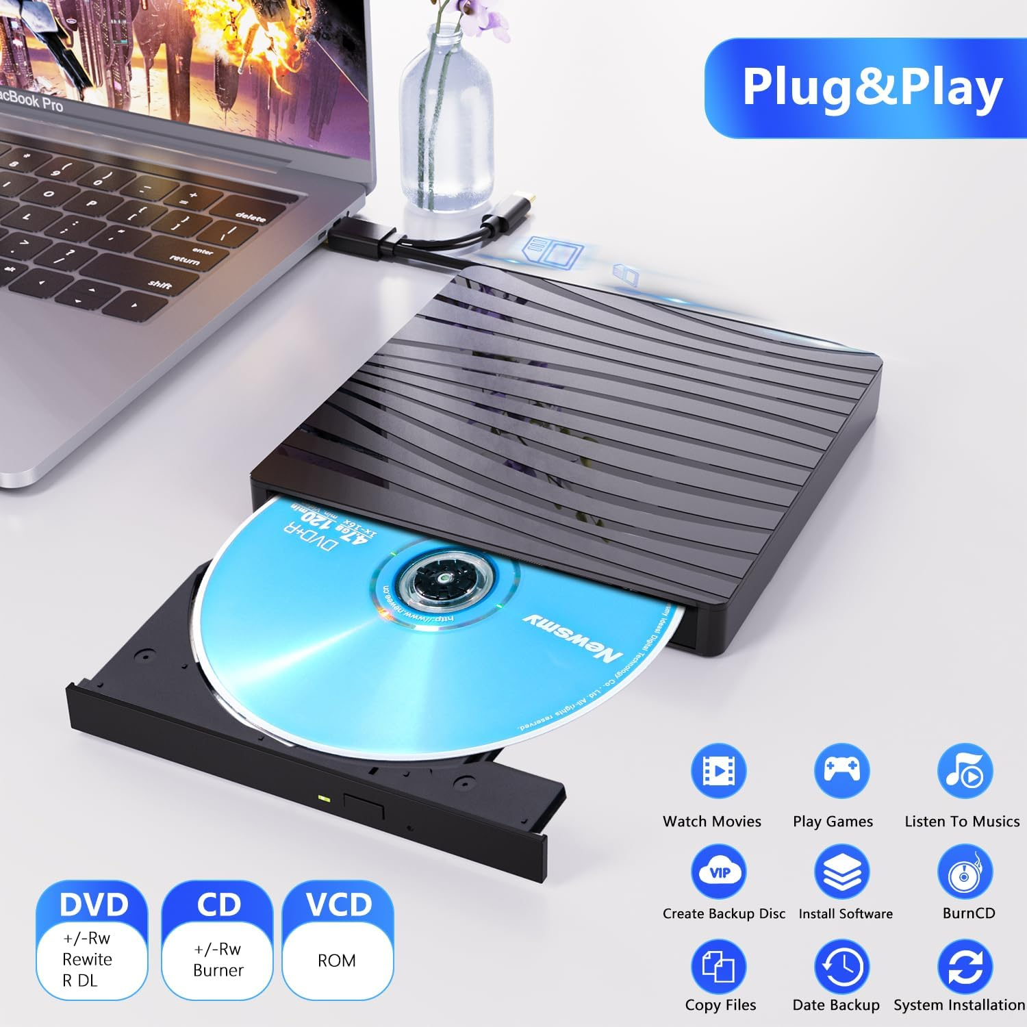 Schwarzes externes DVD-Laufwerk mit CD, Laptop und Symbolen für DVD, CD, VCD und Funktionen.