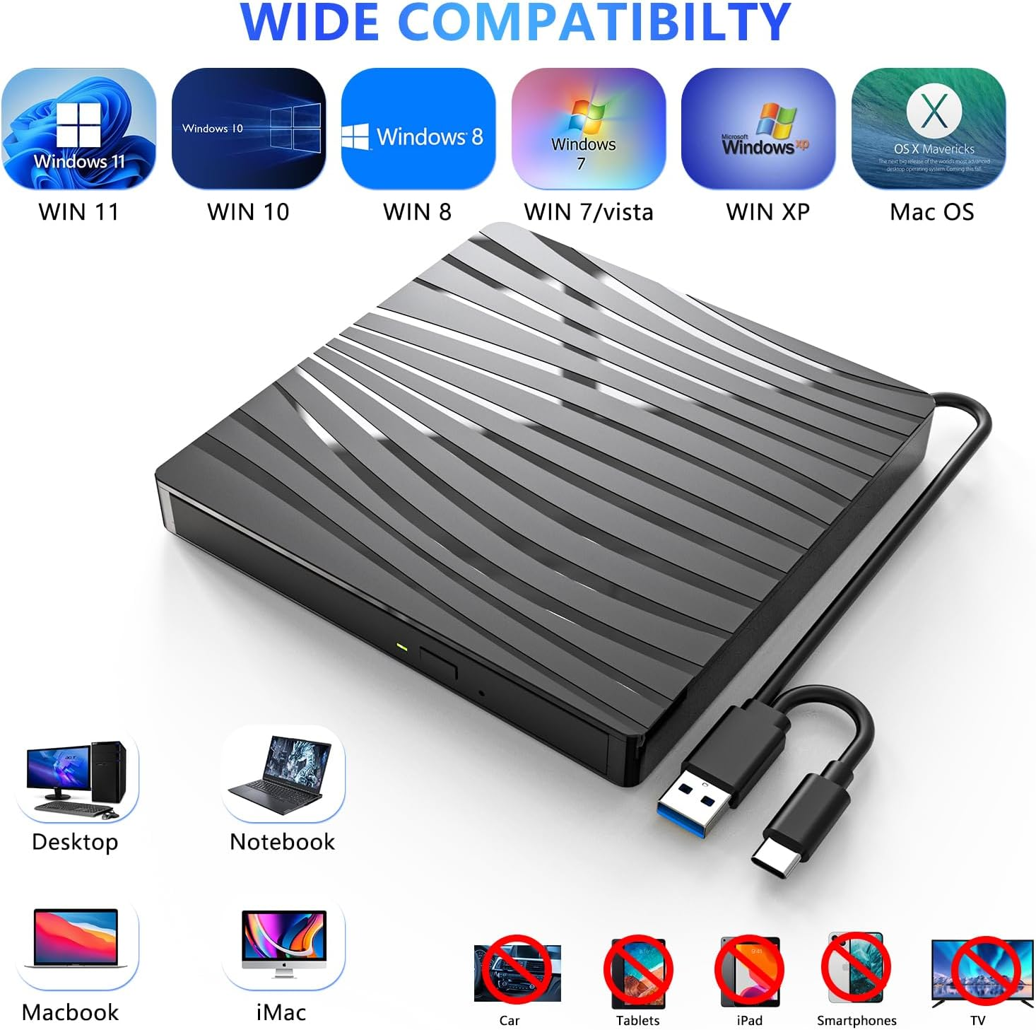 Ein schwarzes USB-Gerät mit Kabel, kompatibel mit Windows, Mac und anderen Geräten.