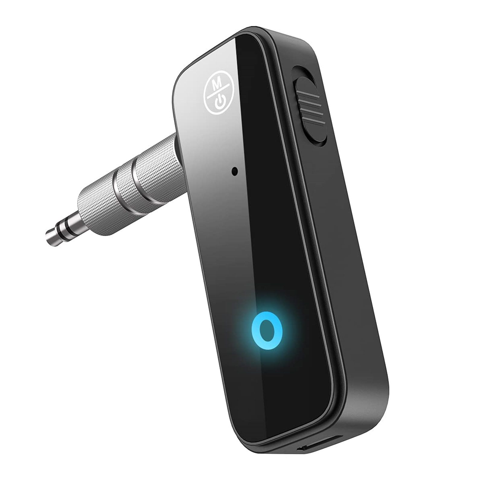 Schwarzer Audio-Empfänger mit 3,5-mm-Klinke und blauem Licht. Taste sichtbar.