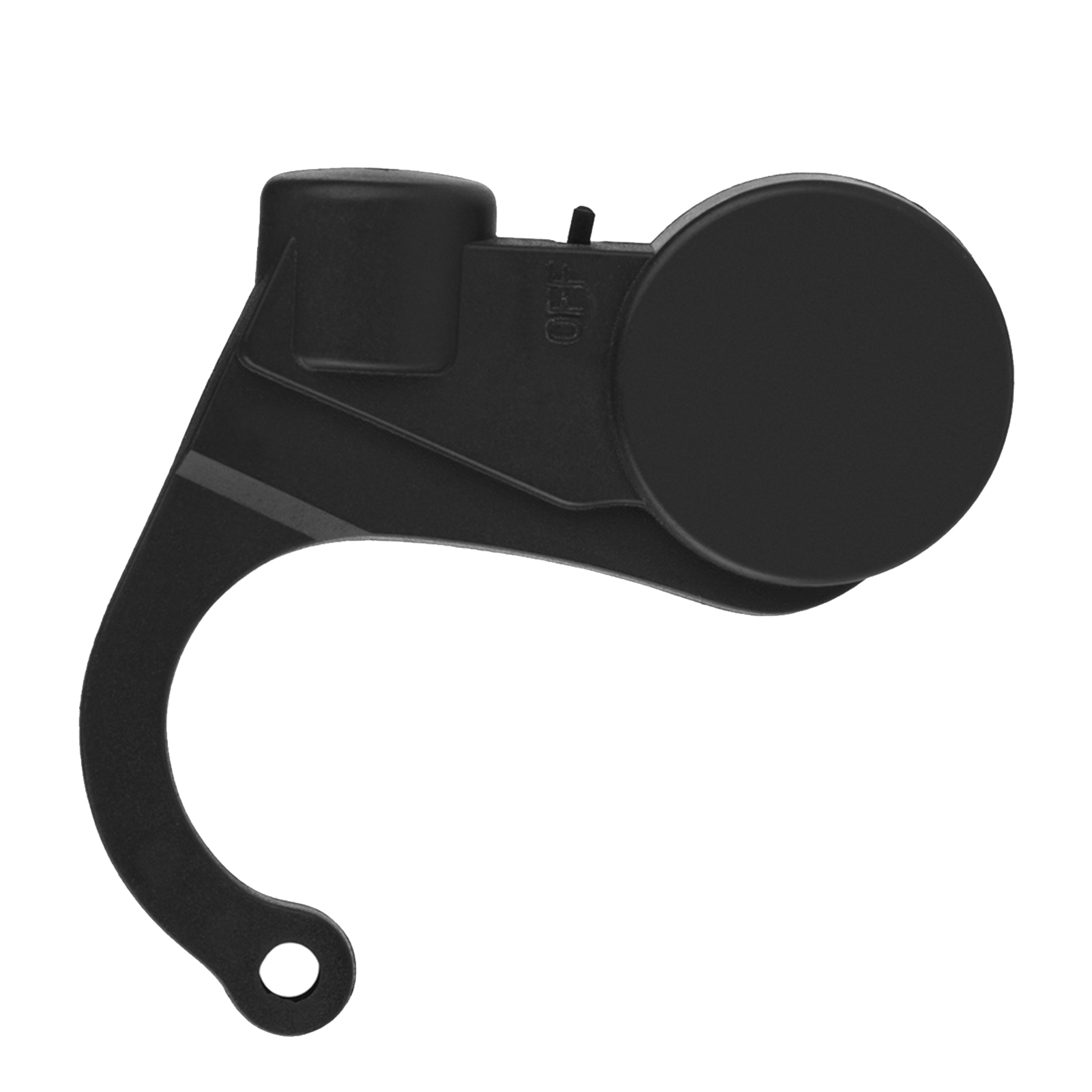 Schwarzes Autozubehör mit gebogenem Arm und rundem Knopf. Auf weißem Hintergrund.