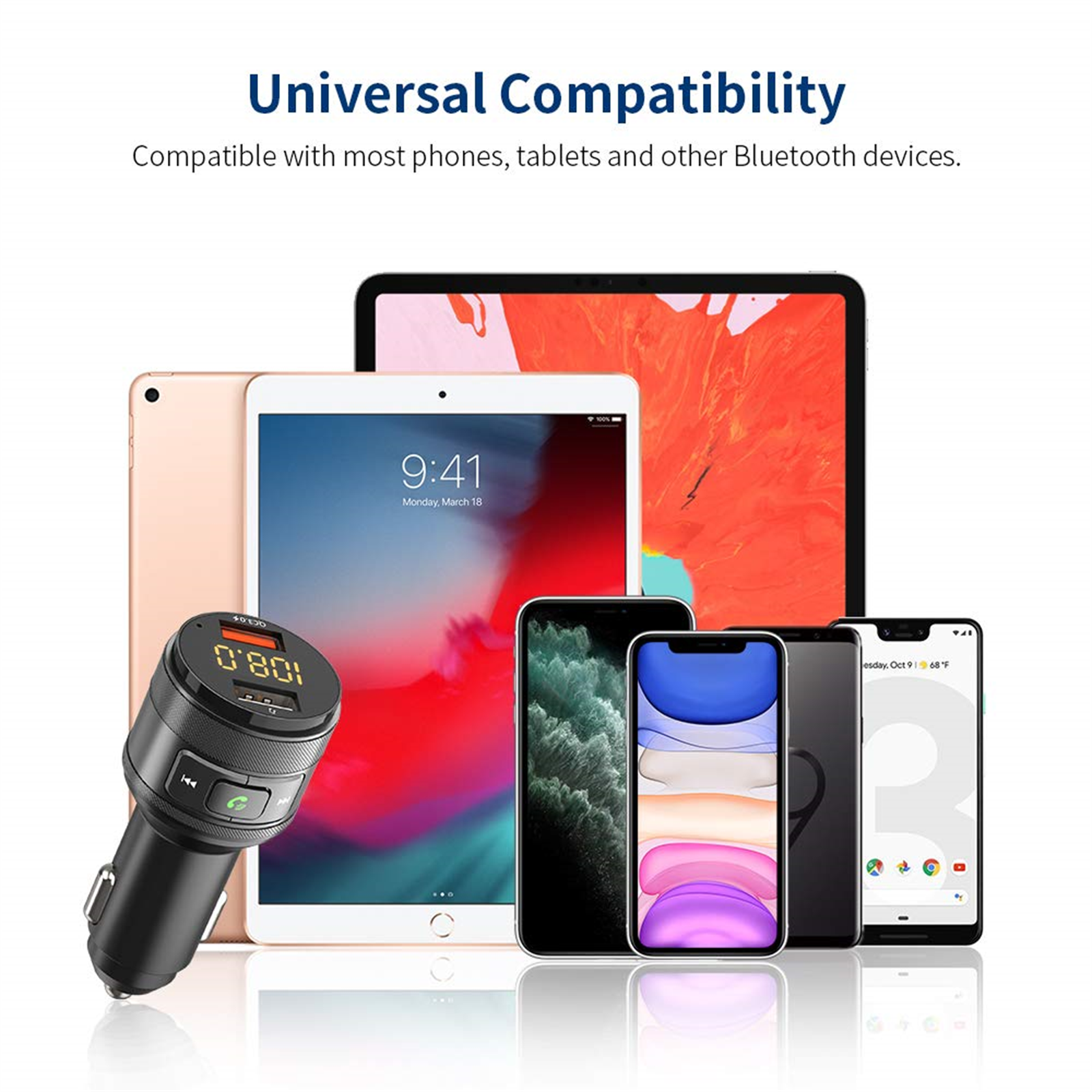 Sortiment von Telefonen und Tablets mit einem Autoladegerät. Universelle Kompatibilität ist das Thema.
