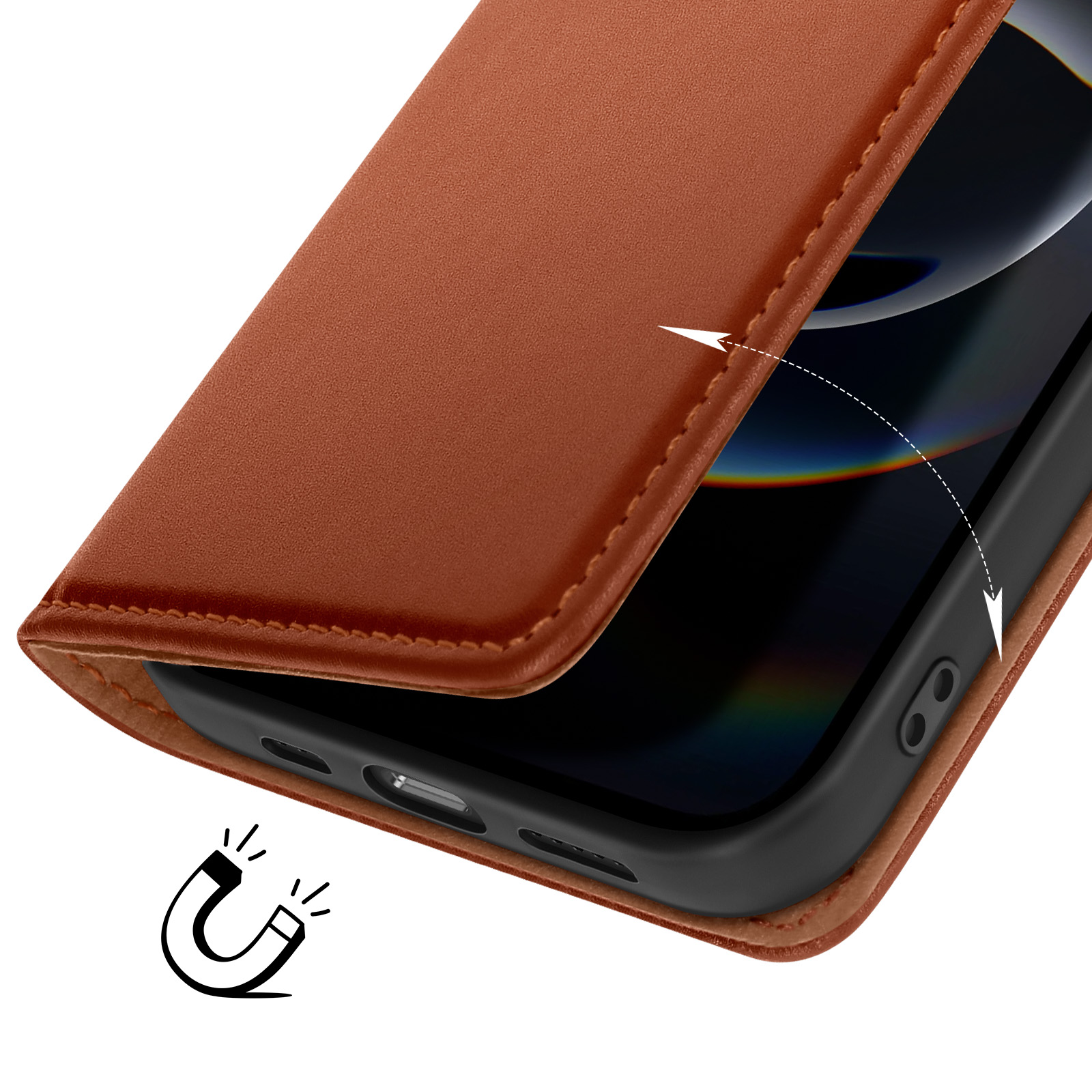 Custodia in pelle marrone parzialmente aperta. Simbolo del magnete. Telefono con bordo nero.