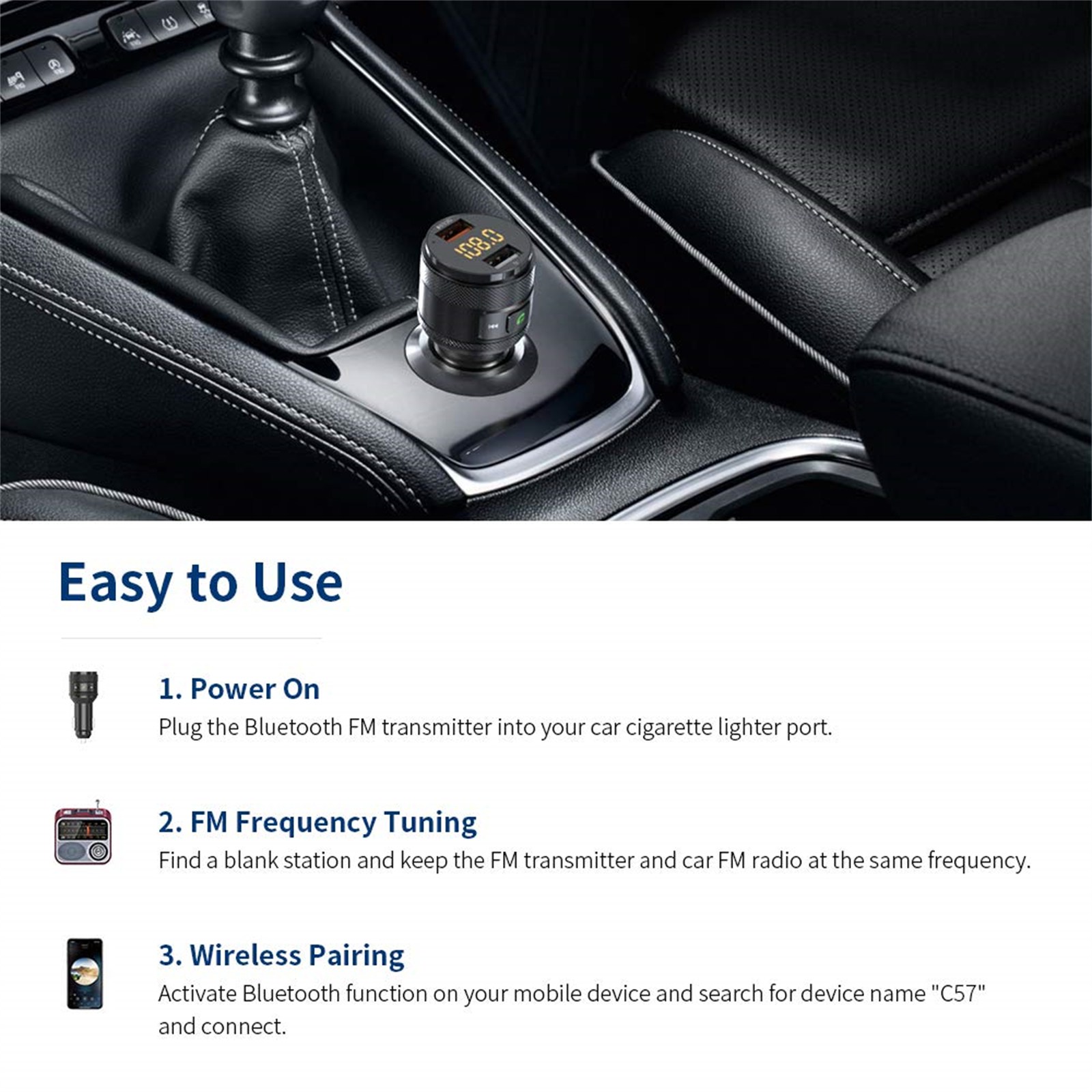 Bluetooth-FM-Transmitter in Zigarettenanzünder gesteckt, mit Nutzungsschritten dargestellt.