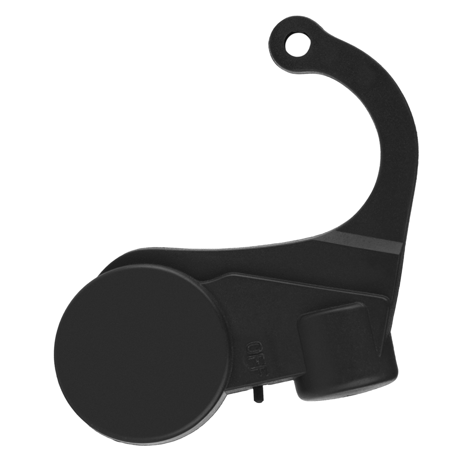 Schwarzes Gerät mit Schlaufe und rundem Teil. Es befindet sich auf weißem Hintergrund.