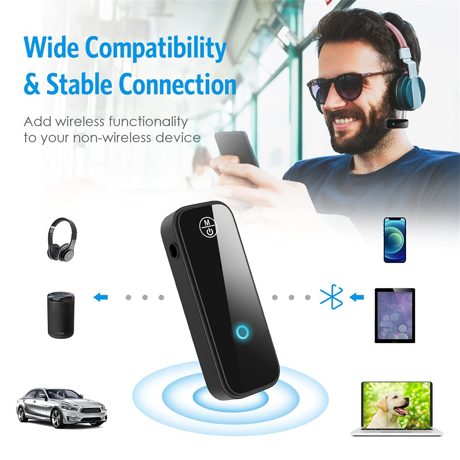 Ein Mann mit Kopfhörern benutzt ein Bluetooth-Gerät. Grafiken zeigen die Verbindung zu anderen Geräten.