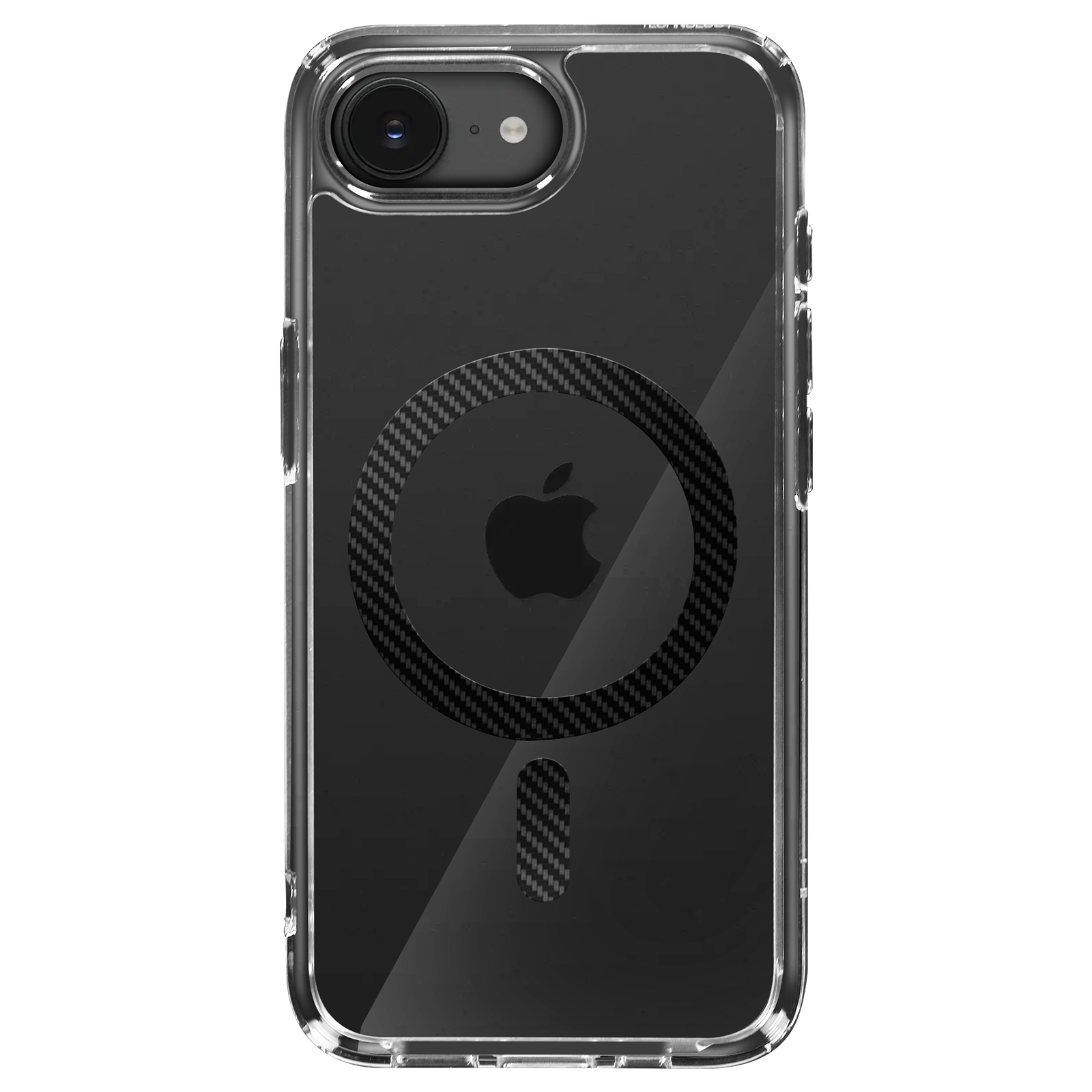 Transparante telefoonhoes met een zwart koolstofvezelpatroon rondom Apple-logo en camera.