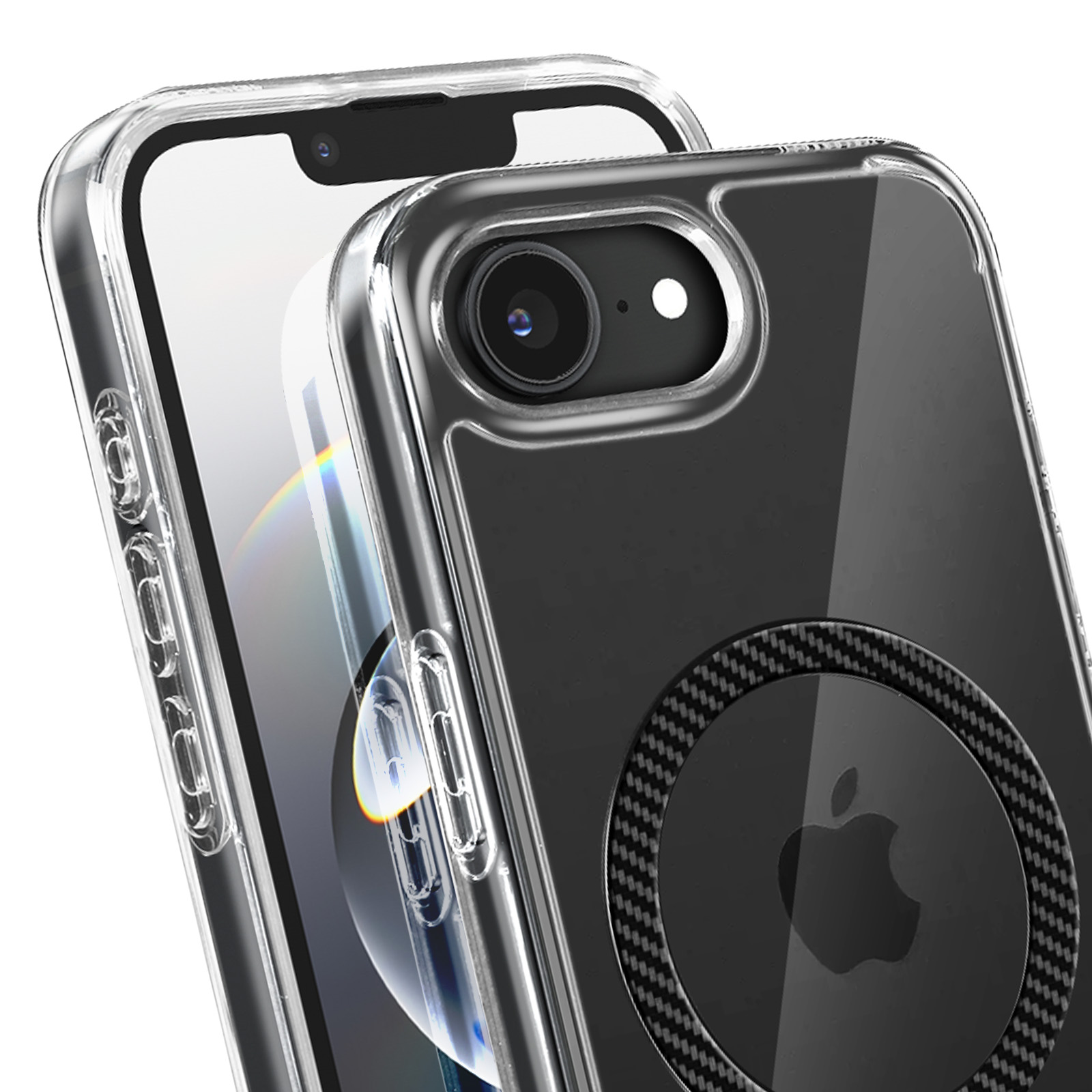 Close-up van een zwarte telefoon met een doorzichtige hoes, met de camera en een ring.