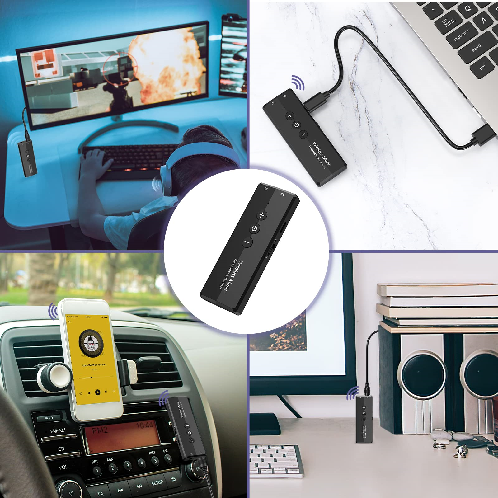 Bilder zeigen einen drahtlosen Musikempfänger. Eines zeigt es an einem Laptop, Telefon und Autoradio angeschlossen.