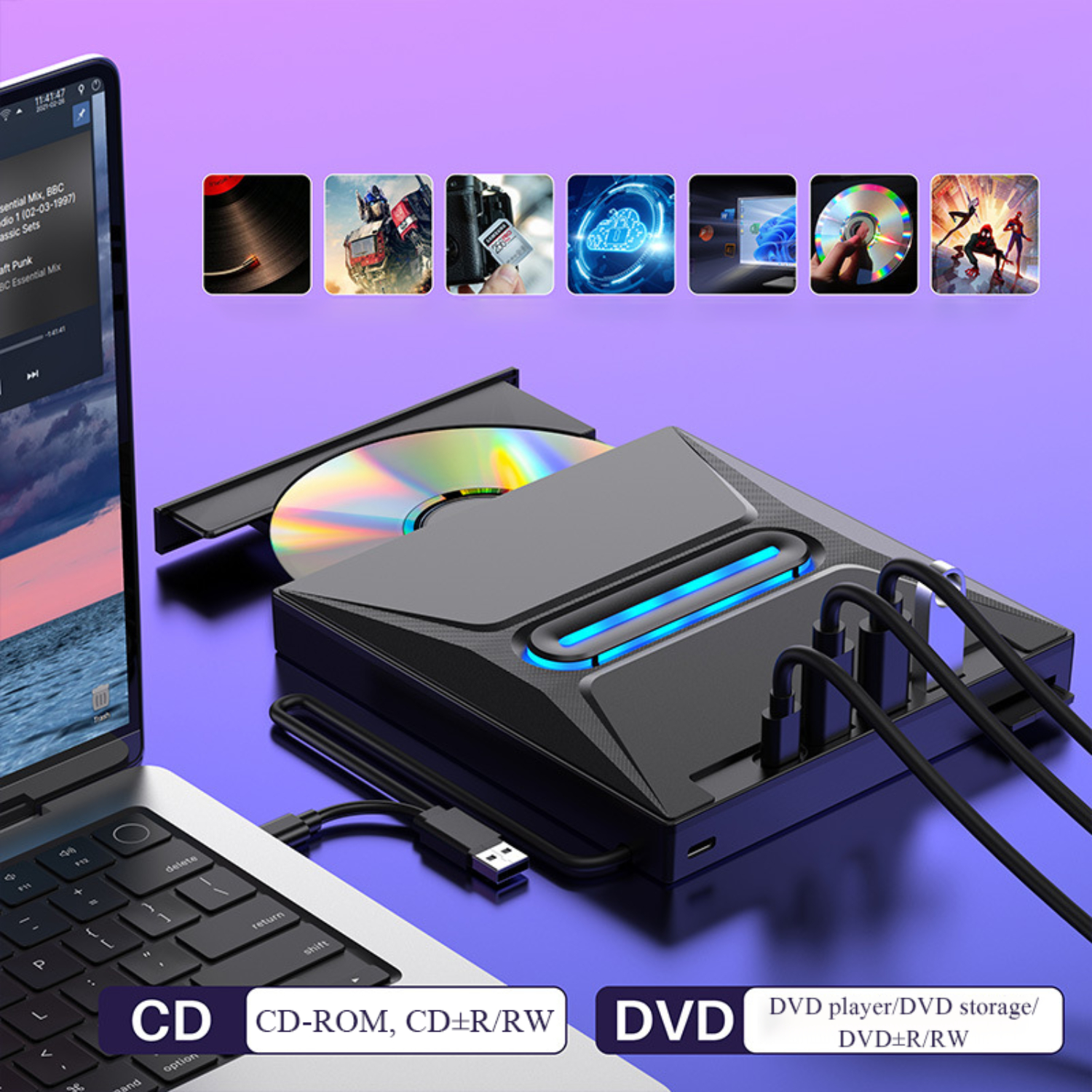 CD/DVD-Player mit Laptop, zeigt Disketten und Symbole zu Medien.