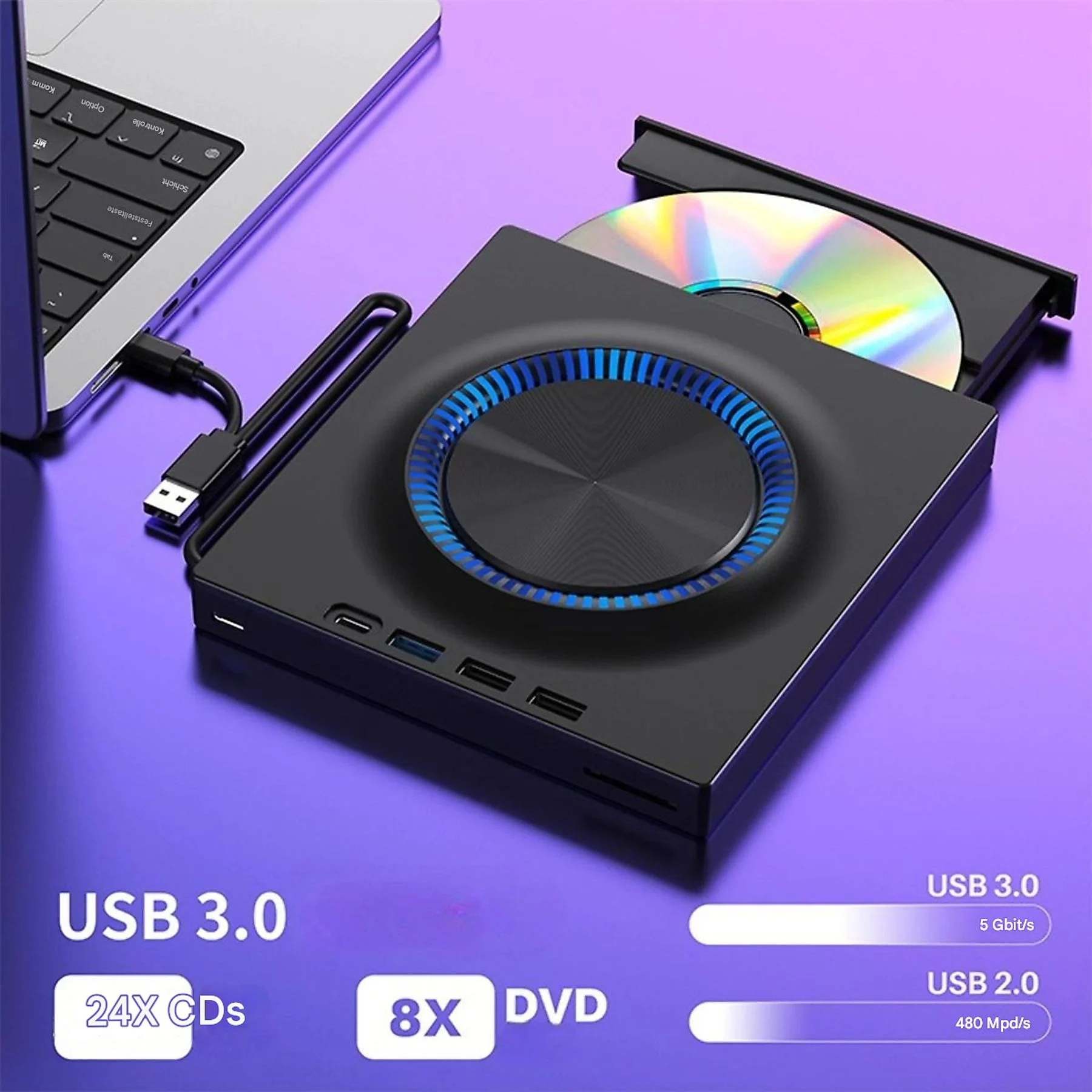 Schwarzes externes DVD-Laufwerk mit blauem Lichtring, über USB-Kabel mit Laptop verbunden.