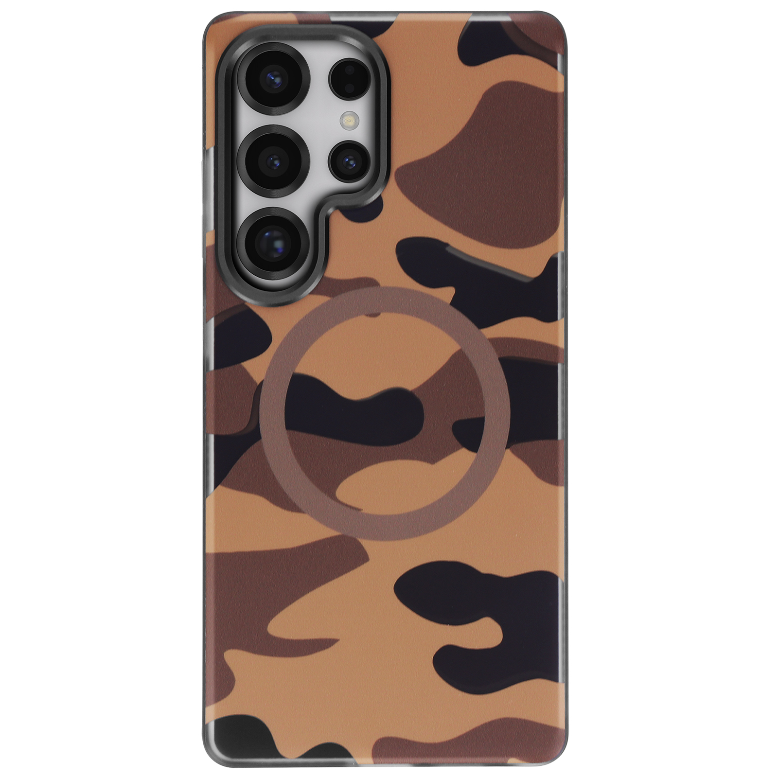 Custodia per telefono mimetica. Motivo marrone, nero e beige con un anello sul retro.