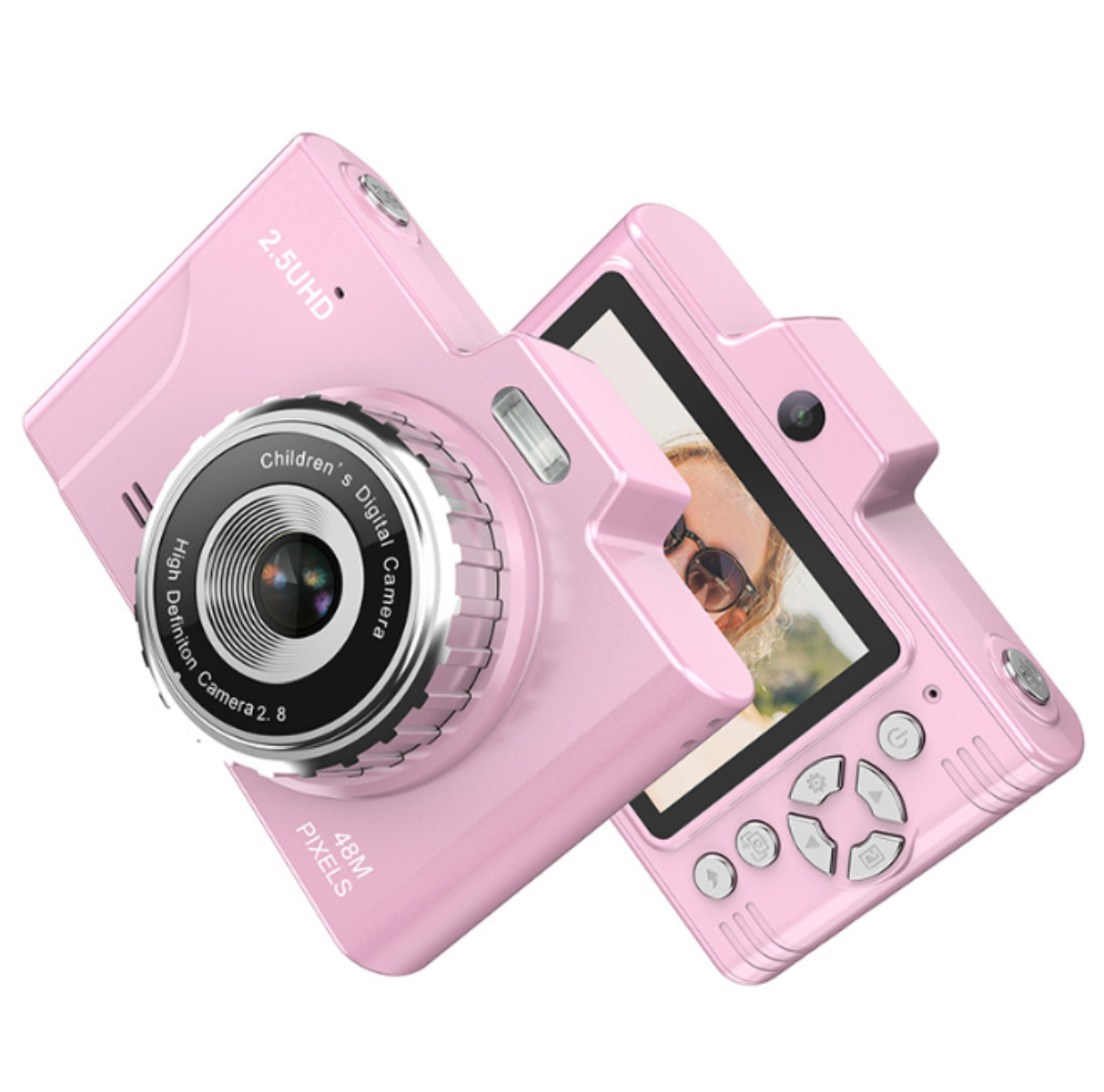 Rosa Kinder-Digitalkamera mit Bildschirm, der eine Person zeigt. 48MP, 2.5UHD.