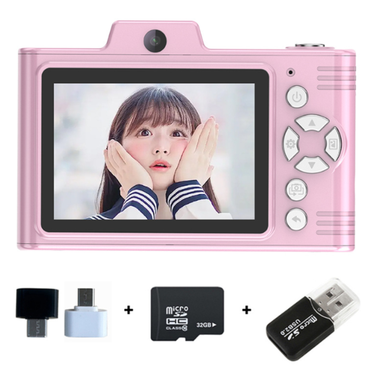 Eine rosa Digitalkamera mit Bildschirm, der das Gesicht eines Mädchens und Zubehör zeigt.