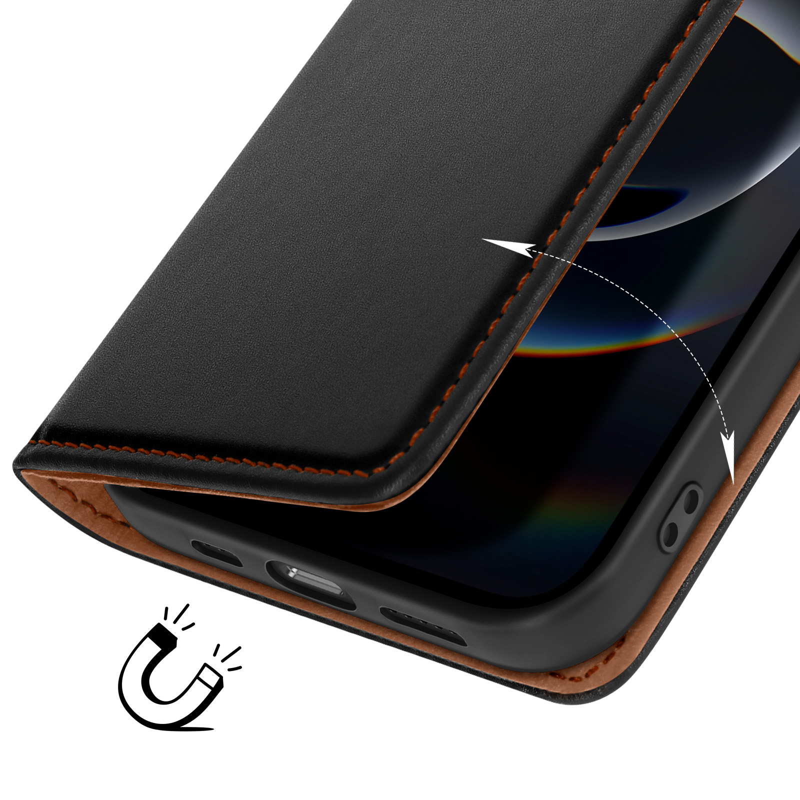 Una funda negra para teléfono con interior marrón, que muestra un cierre magnético y un teléfono en el interior.