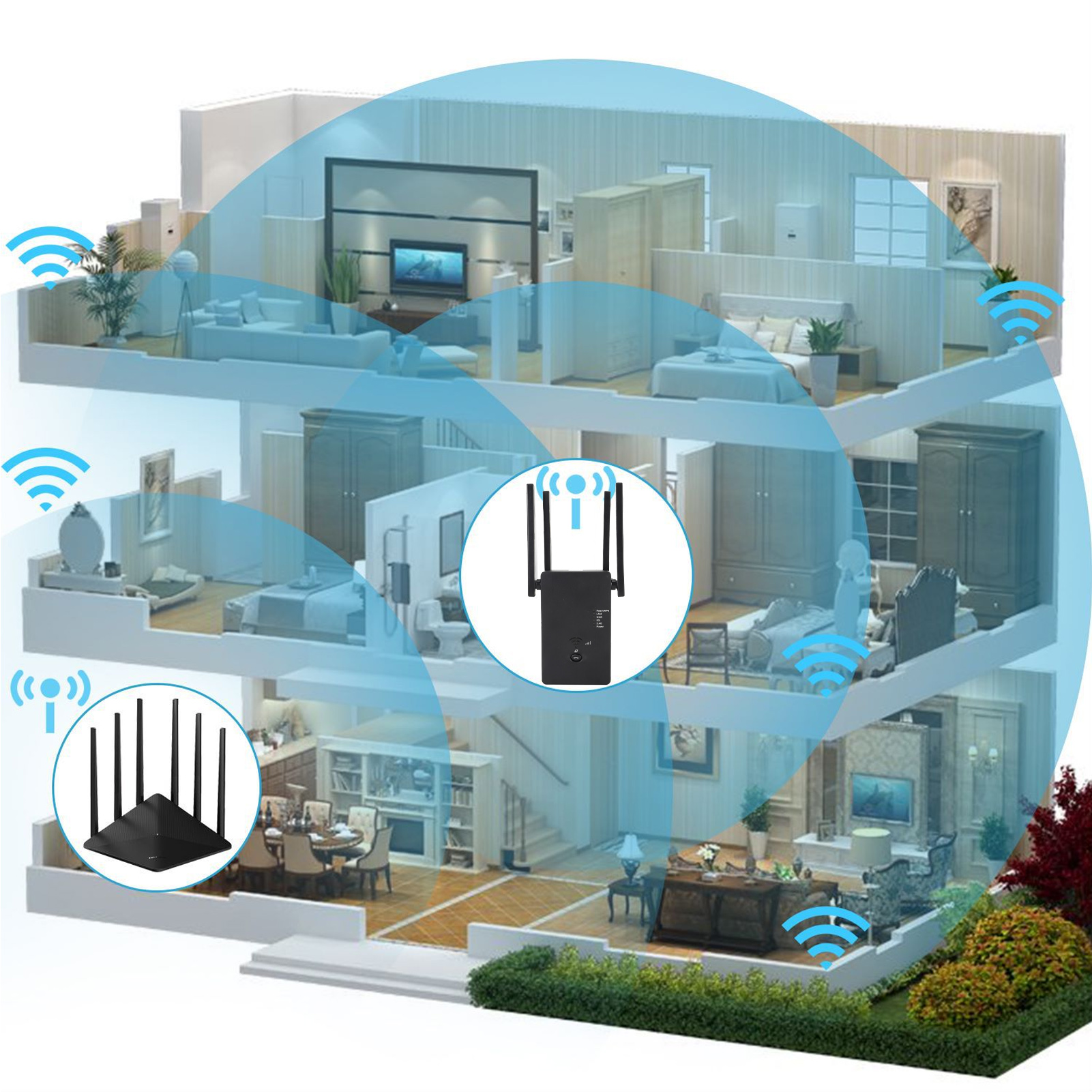 Schnitt durch ein Haus mit WLAN-Repeater. WLAN-Signal-Icons zeigen die Abdeckung an.