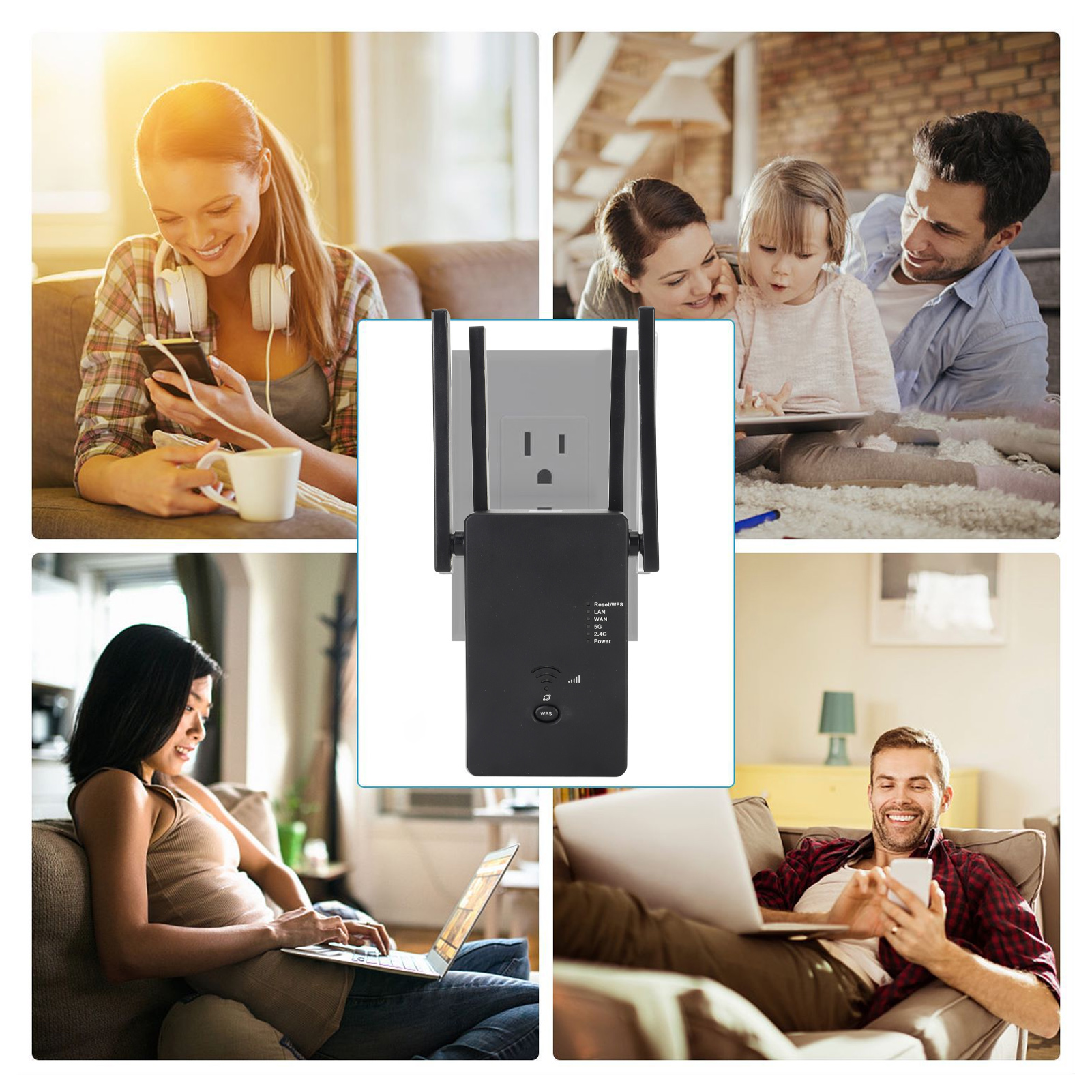 Ein WLAN-Repeater im Einsatz, mit Personen in verschiedenen Räumen, die ihre Geräte benutzen.