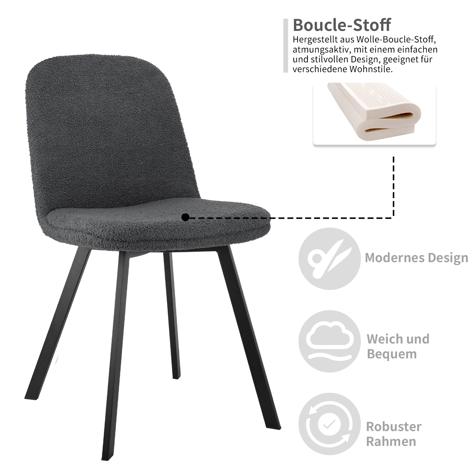 Ein grauer Stuhl mit schwarzen Beinen. Ein Diagramm zeigt modernes Design, weich und robust.