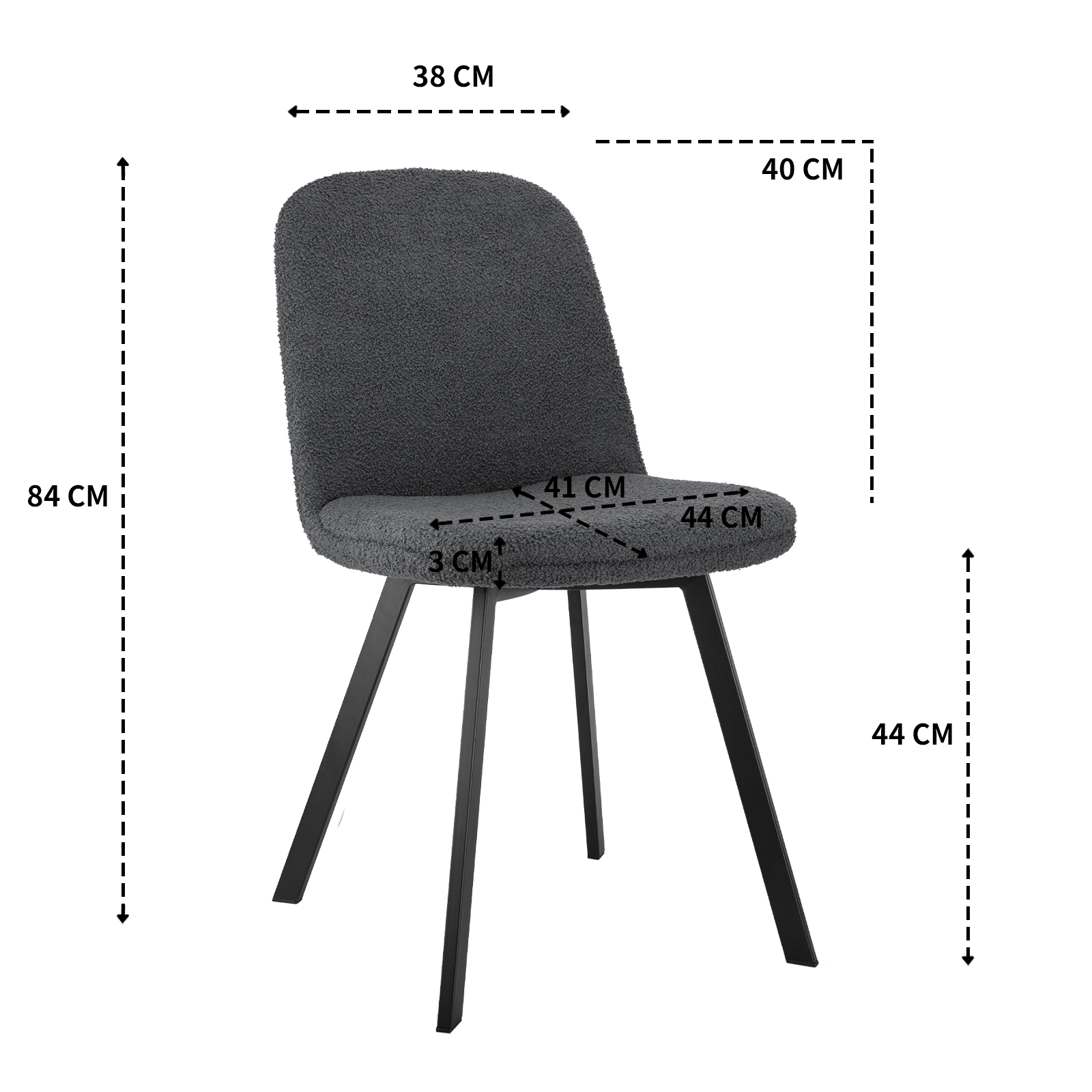 Grauer Stuhl mit schwarzen Beinen. Maße: 84cm hoch, 38cm breit, 40cm tief. Sitz 44cm hoch, 41cm breit.