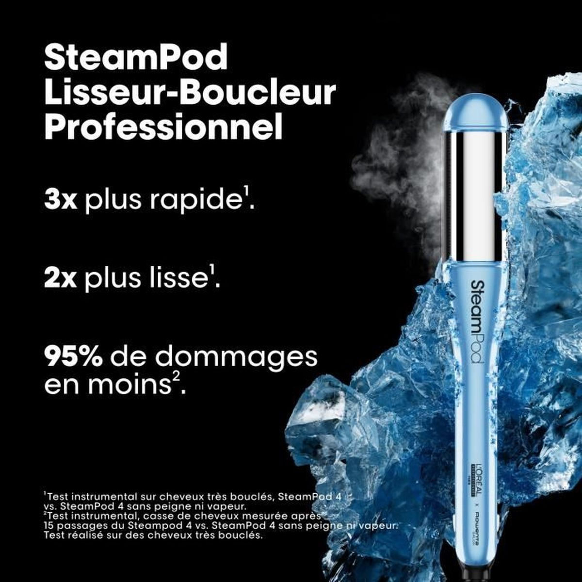 Strumento per lo styling dei capelli blu e argento con testo: SteamPod Lisseur-Boucleur Professionnel.