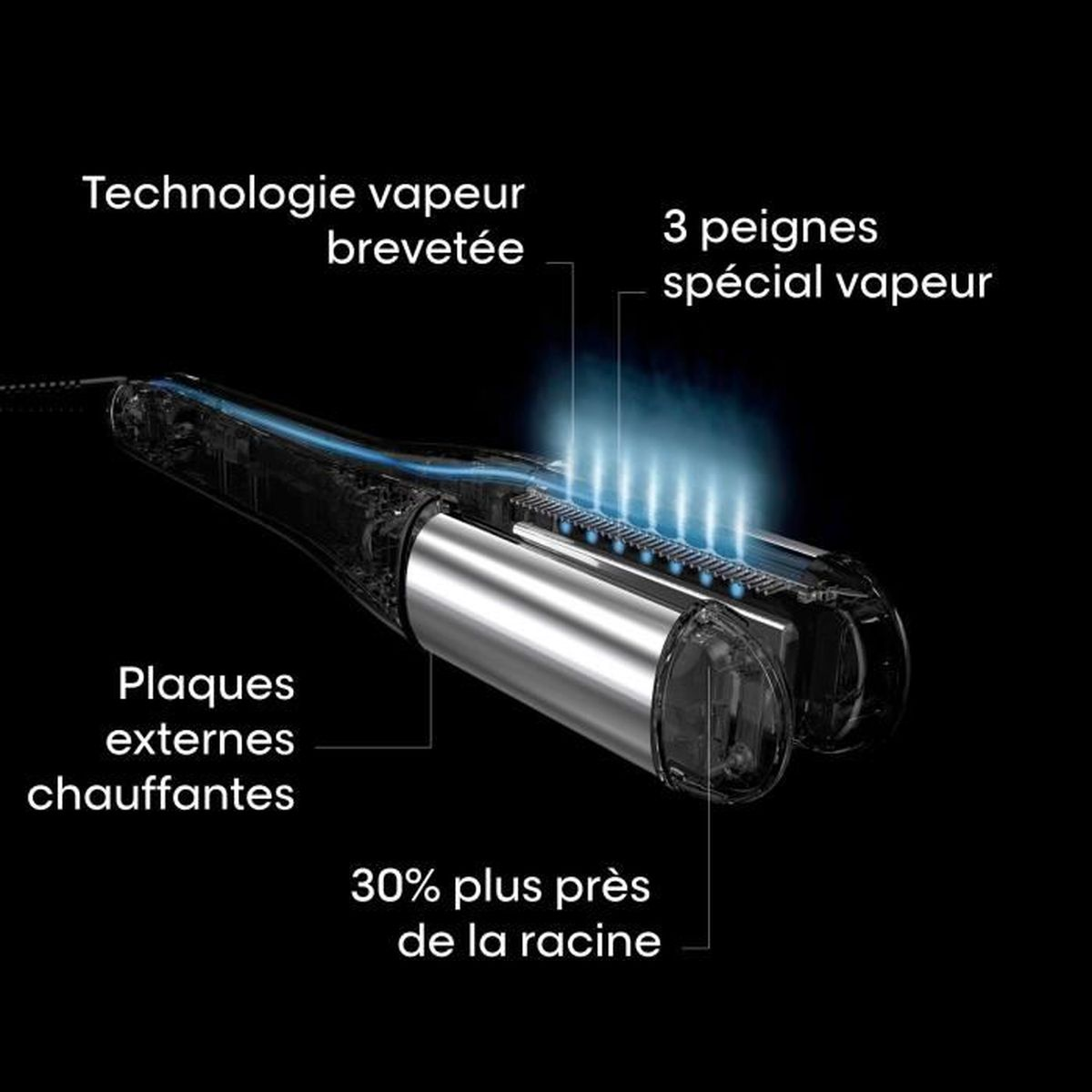 Piastra per capelli con etichette di testo che mostrano le caratteristiche. Sfondo nero, tecnologia vapore, piastre esterne.