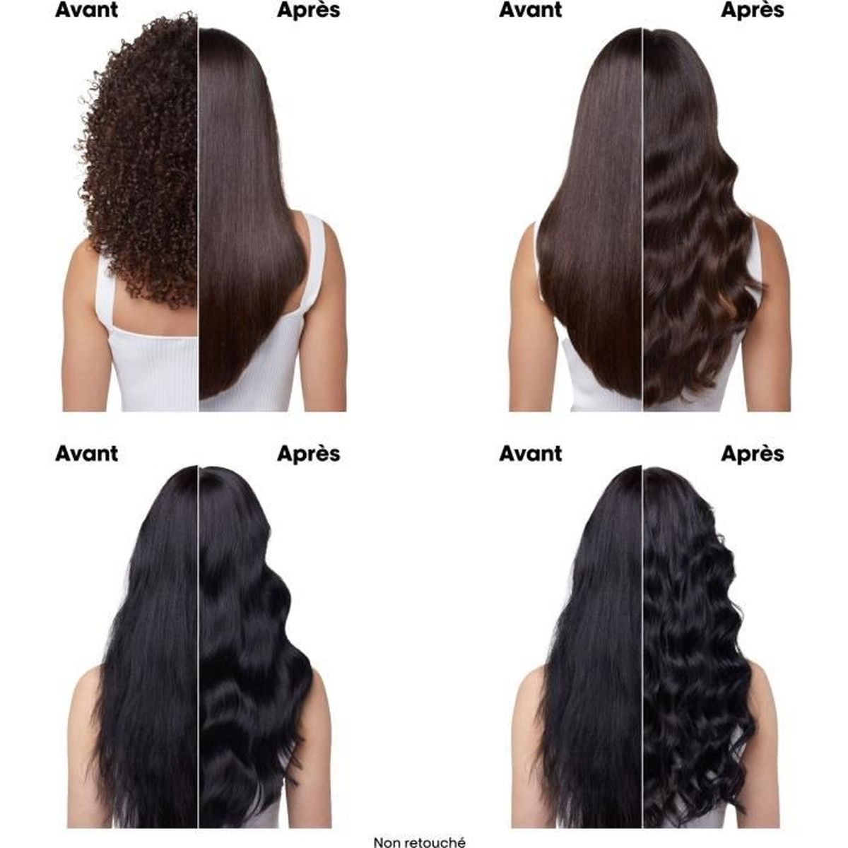 Confronto prima e dopo il trattamento dei capelli. Mostra vari tipi di capelli: ricci, lisci, mossi.