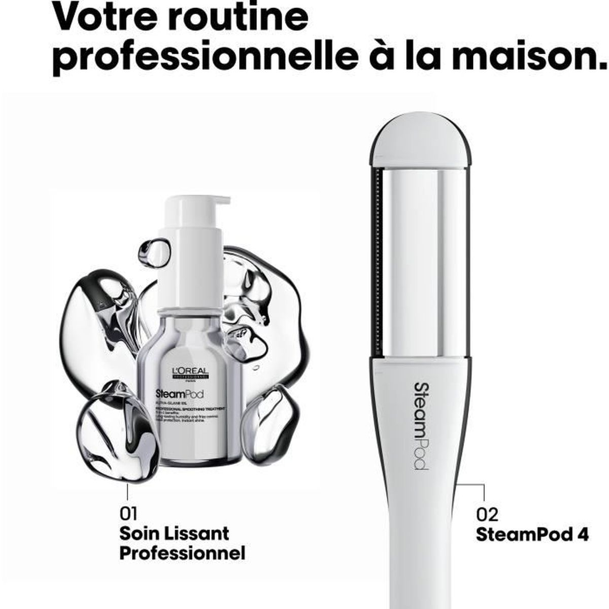 Due prodotti: un flacone bianco di trattamento per capelli e uno strumento per lo styling dei capelli argentato.