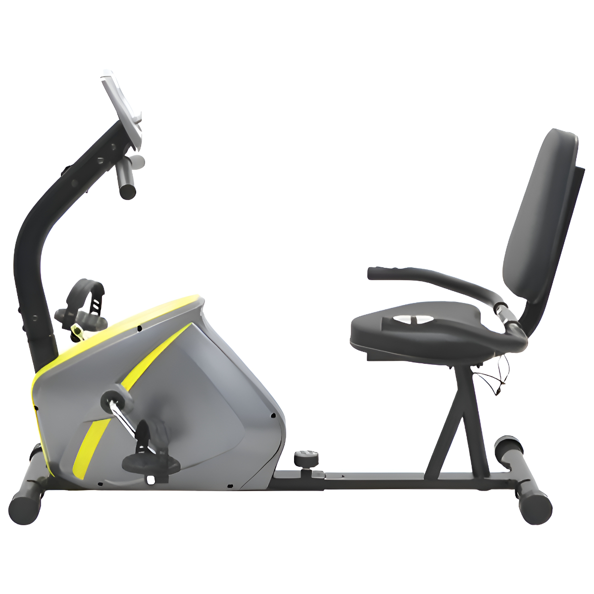 Ein stationäres Trainingsrad mit gelb-grauem Design auf weißem Hintergrund.