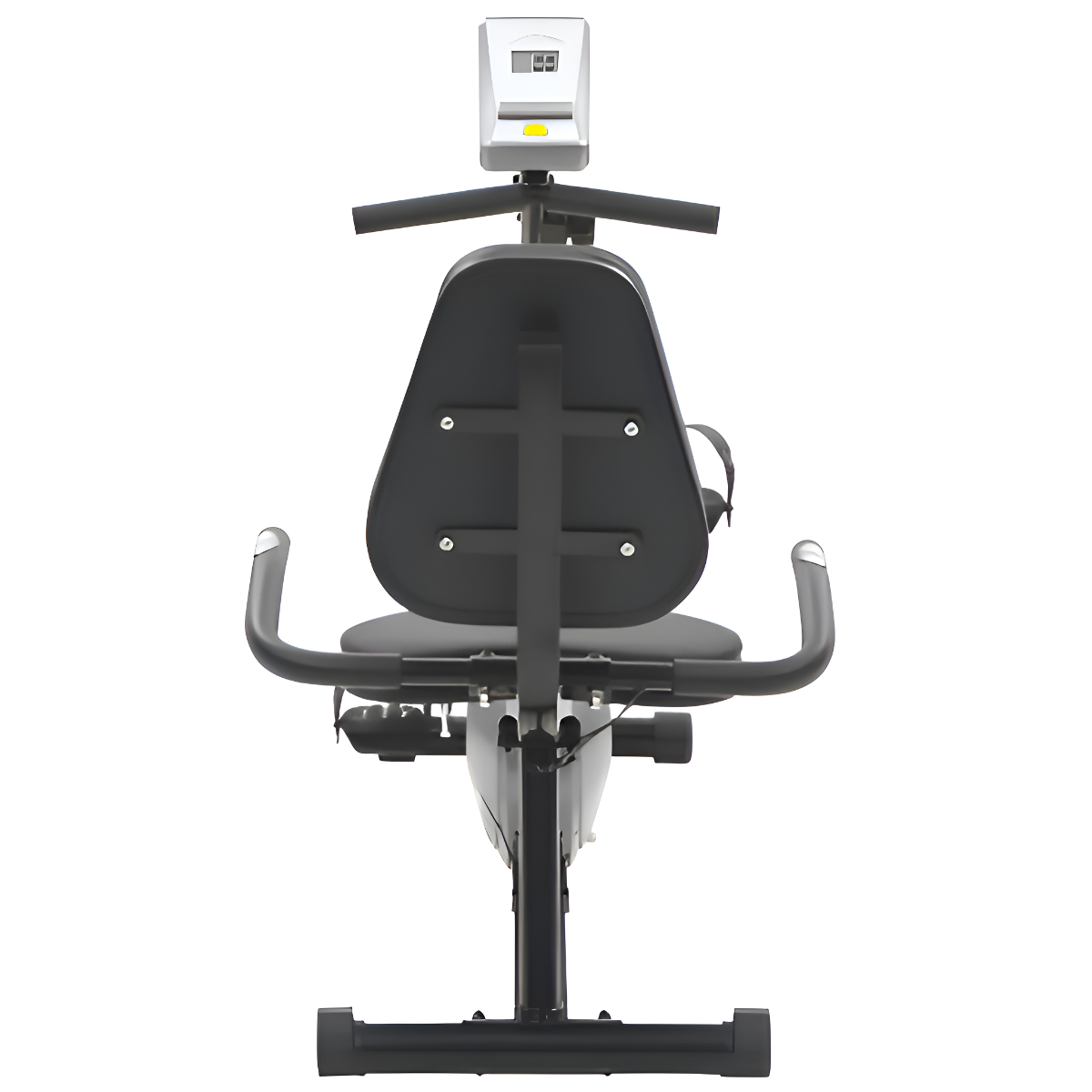 Ein Liege-Heimtrainer mit schwarzem Sitz, Lenker und Display. Weißer Hintergrund.